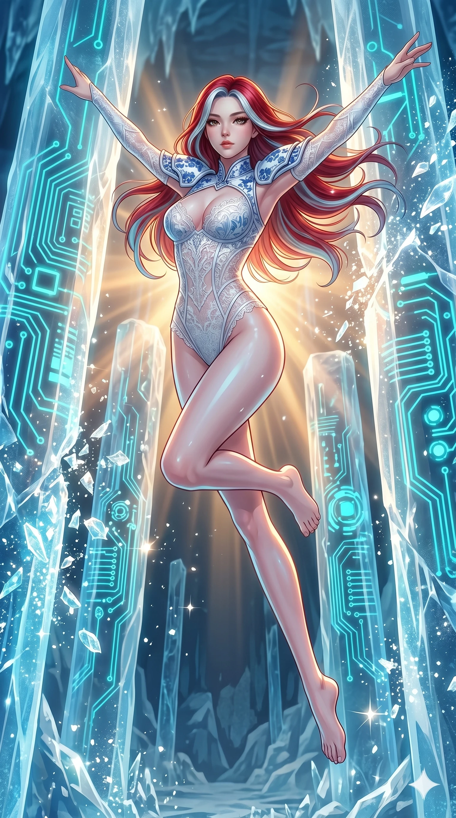 score_9, masterpiece, best quality, ultra-detailed, high-budget anime keyframe, Japanese woman. low angle full-body shot filling the entire 9:16 frame with her statuesque presence, stretching the vertical silhouette. leaping inside a sub-zero cybernetic ice temple, where glowing neon cyan computer circuit boards are frozen within translucent ice pillars, fracturing ice crystals into sparkles around her. She has an absolutely perfect 8-heads proportion, an exceptionally tall and slender female figure with impossibly long slender legs and an ultra-slim waist. V-shaped jawline, high-bridge nose, intricate jewel-like eyes with depth, thick eyelashes, glossy lips with a natural sheen.. wearing a porcelain and lace armor fusion, featuring a white hard shoulder plate with blue porcelain patterns and a semi-opaque white lace corset bodysuit with a refined high-cut silhouette. showcasing a beautiful play of light and shadow, with warm golden rays clashing against cool cyan highlights. 2k, ultra detail, master piece, 9:16 ratio
