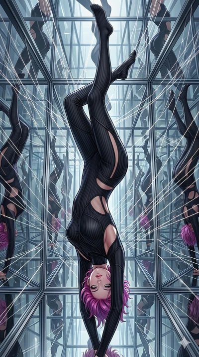 score_9, masterpiece, best quality, ultra-detailed, High-budget Anime Keyframe, East Asian woman. Dynamic full-body shot stretching the vertical silhouette to the limit. Scenario 146: Suspended by invisible silk threads in a hall of mirrors. Her pres