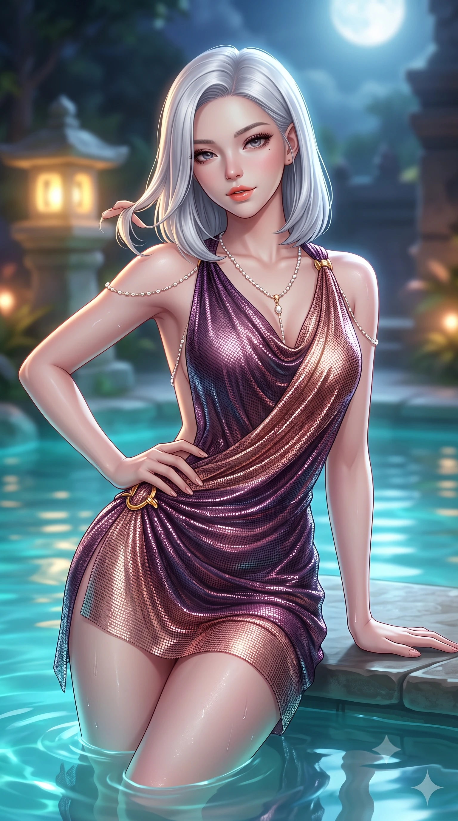 score_9, masterpiece, best quality, ultra-detailed, high-budget anime keyframe, semi-realistic 3D game render, editorial fashion photography, tasteful artistic composition, Korean woman. close-up cowboy shot from the waist and thighs up, the character dominates the composition, filling the frame with her large presence. twisting her slender torso in an alluring contrapposto stance, one hand resting on her sculpted hip while her fingers toy with her hair with effortless poise while lounging in the shallow natural spring shelf propped on both hands, her statuesque 8.5-heads silhouette radiating breathtaking tropical sensuality. The background shows a soft-focus stone lantern glows softened in mystical Balinese sanctuary shallow focus. She has an exceptionally elegant, slender, and willowy female figure with an ultra-slim waist, flat toned midriff, narrow ribcage, and sculpted feminine hips creating an alluring, slim hourglass silhouette without bulk. sharp v-shaped jawline, high-bridge nose, sparkling eyes with hypnotic seductive depth, thick curled eyelashes, glossy parted lips with a natural dewy peach sheen, alluring bedroom-eyes with an enchanting coquettish smile, exuding magnetic siren charisma and sophisticated glamour, flawlessly proportioned anatomical accuracy, strict slender model proportions, natural body alignment, perfectly sculpted long slender limbs, ultra-slim waistline, clean dynamic posture without body distortion. wearing a draped Greek-goddess style silk chiffon mini toga dress with an open back and golden hip fibula in deep plum violet and rose gold, crafted from shimmering fluid chainmail mesh reflecting ambient lights, accented with a pearl-drop body harness subtly framing her dewy collarbones and spine, the second-skin tailored fabric adhering flawlessly to her sculpted flat midriff and slender torso, emphasizing her long leg lines and perfectly proportioned willowy build. bathed in luminous underwater aquamarine spring lighting paired with soft warm garden uplights and full moonlight. highly saturated vibrant anime colors, detailed shading with soft gradients, rich glossy textures, high-contrast stereoscopic depth, volumetric dynamic lighting, master piece, 9:16 ratio