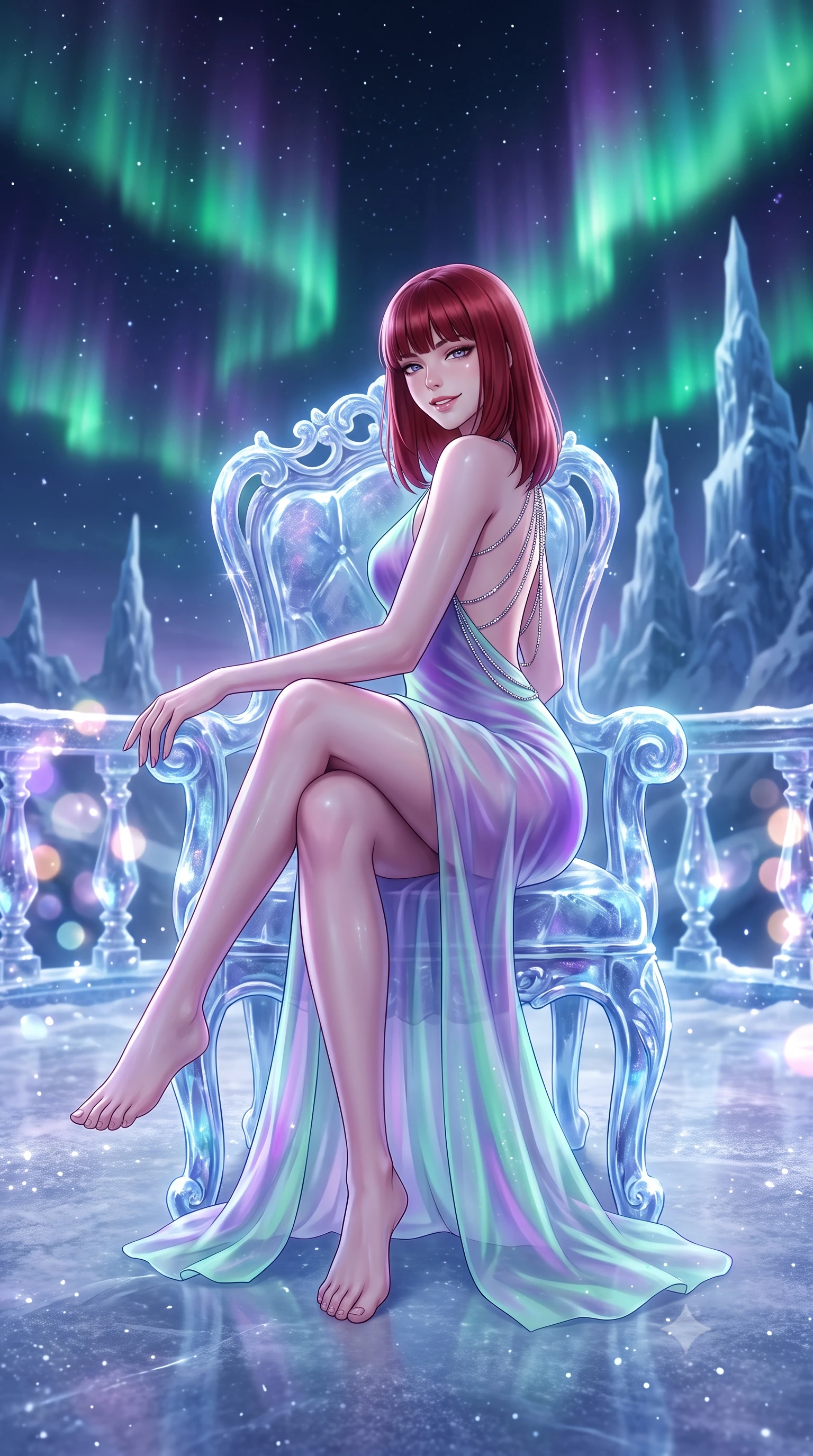 score_9, masterpiece, best quality, ultra-detailed, high-budget anime keyframe, semi-realistic 3D game render, editorial fashion photography, tasteful artistic composition, Caucasian woman. low angle full-body shot from head to toe showing her feet, filling the entire 9:16 vertical frame with her statuesque presence, stretching her vertical silhouette. stepping slowly toward the camera with hypnotic grace, hips swaying in an alluring sensual rhythm that accentuates her curvy hourglass silhouette and long slender legs while sitting gracefully on the sculpted ice chair with legs crossed, flashing a playful, coquettish smile with parted glossy lips. The background shows a soft-focus rippling emerald and violet southern aurora curtains across the night sky, distant snow-capped glacial spires, and crystal balustrades blurred into jade, amethyst, and diamond bokeh. She has an exceptionally tall and slender model-like 8.5-heads proportion, an ultra-slim waist, a flat toned midriff, narrow delicate ribcage, and beautifully sculpted feminine hips creating a graceful, slim hourglass silhouette without any bulky heaviness, with impossibly long slender legs. sharp v-shaped jawline, high-bridge nose, intricate jewel-like sparkling eyes with depth, thick eyelashes, glossy parted lips with a natural peach sheen, bright cheerful beaming smile with an enchanting and coquettish sensual glint, exuding both youthful cute charm and seductive allure, flawlessly proportioned anatomical accuracy, strict slender model proportions, natural body alignment, perfectly sculpted long slender limbs, ultra-slim waistline, clean dynamic posture without body distortion. wearing a form-contouring gossamer silk chiffon slip dress with a hip-high slit and open cowl back clinging with dewy moisture in phosphorescent ultraviolet amethyst and mint green, crafted from stretch micro-mesh with liquid foil coating that shimmers with every movement, accented with an open-back drape framed by falling strands of delicate chrome chains, the impeccably tailored cut draping gracefully along her slender figure with aristocratic poise. bathed in the natural undulating luminescence of polar auroras mixed with cool opera stage uplighting. highly saturated vibrant anime colors, detailed shading with soft gradients, rich glossy textures, high-contrast stereoscopic depth, volumetric dynamic lighting, master piece, 9:16 ratio