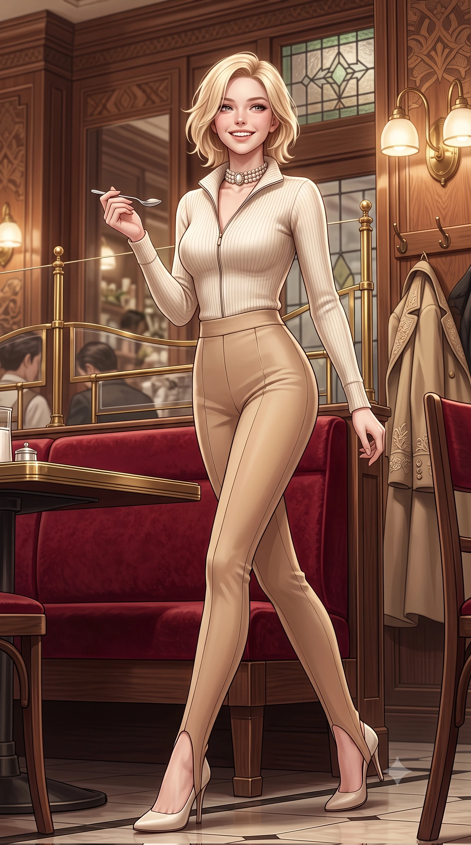 score_9, masterpiece, best quality, ultra-detailed, high-budget anime keyframe, semi-realistic 3D game render, editorial fashion photography, tasteful artistic composition, Caucasian woman. low angle full-body shot from head to toe showing her feet, filling the entire 9:16 vertical frame with her statuesque presence, stretching her vertical silhouette. stepping forward gracefully in mid-motion with a radiant beaming smile, hips swaying with supermodel rhythm as her vertical silhouette fills the frame while perched gracefully on the edge of the velvet banquette, holding a silver dessert spoon with playful, charming elegance. The surrounding environment is rendered in vivid detail and crisp panoramic clarity: detailed embroidered wool blazer lapels, tailored cigarette trousers, and Taisho-modernist architectural craftsmanship in razor-sharp precision. She has an exceptionally tall and slender model-like 8.5-heads proportion, an ultra-slim waist, a flat toned midriff, narrow delicate ribcage, and beautifully sculpted feminine hips creating a graceful, slim hourglass silhouette without any bulky heaviness, with impossibly long slender legs. sharp v-shaped jawline, high-bridge nose, intricate jewel-like sparkling eyes with depth, thick eyelashes, glossy parted lips with a natural peach sheen, bright cheerful beaming smile with an enchanting and coquettish sensual glint, exuding both youthful cute charm and seductive allure, flawlessly proportioned anatomical accuracy, strict slender model proportions, natural body alignment, perfectly sculpted long slender limbs, ultra-slim waistline, clean dynamic posture without body distortion. wearing a body-hugging thermal cashmere zip-front ski sweater paired with sleek high-waisted stretch stirrup trousers in soft champagne ivory and warm biscuit beige, tailored from stretch wool crepe providing structured compression and razor-sharp bodycon lines, complemented by an antique baroque pearl choker accentuating her delicate neck and collarbones, the body-conscious tailored knit hugging her sculpted torso and curvaceous hips in a seamless, fluid line that highlights her statuesque model proportions. illuminated by rosewood wall and brass reflection bounce with crisp champagne rim lights defining her cheekbones and slender waist. highly saturated vibrant anime colors, detailed shading with soft gradients, rich glossy textures, high-contrast stereoscopic depth, volumetric dynamic lighting, master piece, 9:16 ratio