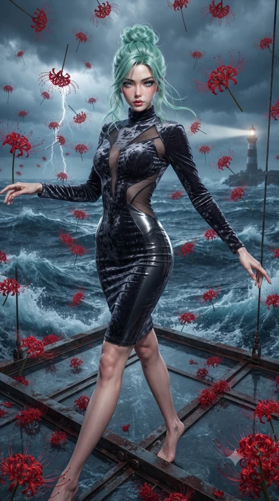 score_9, masterpiece, best quality, ultra-detailed, High-budget Anime Keyframe, editorial fashion photography, tasteful artistic composition, realistic cosplay photography, East Asian woman. Low angle cowboy shot filling the entire 9:16 frame with he