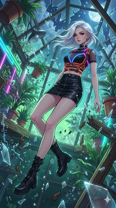 score_9, masterpiece, best quality, ultra-detailed, Set A: High-budget Anime Keyframe, Caucasian (strictly human ears) woman. Low angle cowboy shot filling the entire 9:16 frame with her statuesque presence. Floating through a floating botanical gard