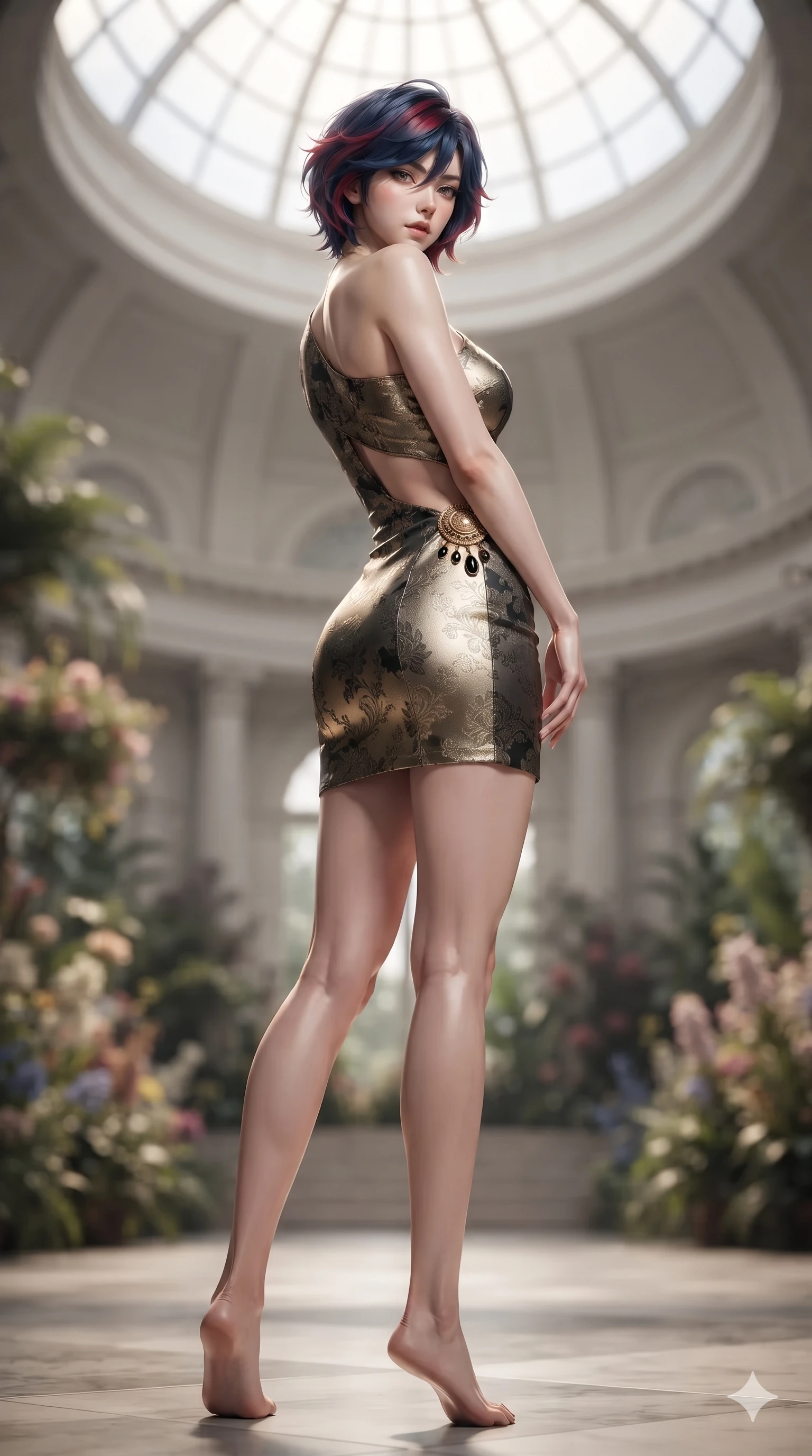 score_9, masterpiece, best quality, ultra-detailed, high-budget anime keyframe, editorial fashion photography, tasteful artistic composition, Korean woman. low angle full-body shot from head to toe showing her feet, filling the entire 9:16 vertical frame with her statuesque presence, stretching her vertical silhouette. walking along the terrace with poise, looking back over her bare shoulder with an irresistible smoldering bedroom-gaze while standing in the center of the circular marble rotunda beneath the soaring dome skylight, arching her spine with breathless statuesque poise. The background shows a soft-focus grand botanical palace rotunda softened in neoclassical shallow focus. She has an absolutely perfect, statuesque 8.5-heads proportion, an exceptionally tall and slender model-like female figure with impossibly long slender legs, an ultra-slim waist, a flat toned midriff, narrow delicate ribcage, and beautifully sculpted feminine hips creating a graceful, slim hourglass silhouette without any bulky heaviness. sharp v-shaped jawline, high-bridge nose, sparkling eyes with hypnotic seductive depth, thick curled eyelashes, glossy parted lips with a natural dewy peach sheen, alluring bedroom-eyes with an enchanting coquettish smile, exuding magnetic siren charisma and sophisticated glamour, flawlessly proportioned anatomical accuracy, strict slender model proportions, natural body alignment, perfectly sculpted long slender limbs, ultra-slim waistline, clean dynamic posture without body distortion. wearing an asymmetric one-shoulder metallic cocktail mini dress with a dramatic side cutout hugging her waist in dual-tone high-contrast gold-and-black monochrome, tailored from rich silk jacquard with subtle embossed flora patterns, finished with an authentic engraved gold medallion and obsidian cabochons, the form-contouring silhouette accentuating her sculpted flat midriff, narrow delicate ribcage, and gracefully curvy hips with intoxicating allure. illuminated by polished marble floor bounce and sharp ivory-gold rim lights defining her razor-sharp jawline, narrow waist, and curvy hips. ultra-reflective glossy finish, specular highlights, rich textural contrasts, high-contrast stereoscopic depth, volumetric dynamic lighting, 2k, ultra detail, master piece, 9:16 ratio
