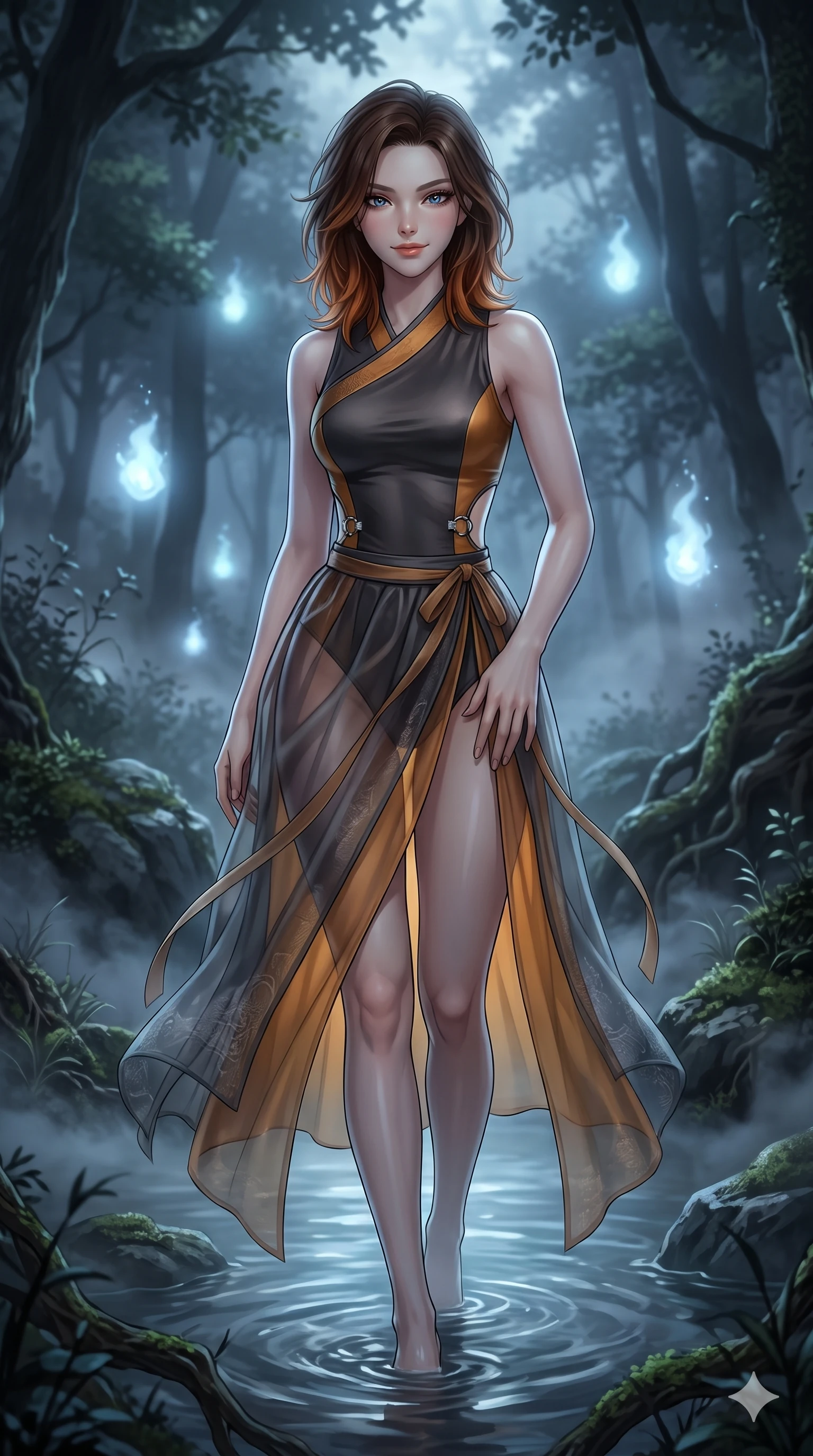 score_9, masterpiece, best quality, ultra-detailed, high-budget anime keyframe, semi-realistic 3D game render, editorial fashion photography, tasteful artistic composition, Korean woman. close-up cowboy shot from the waist and thighs up, the character dominates the composition, filling the frame with her large presence. tilting her head with a teasing half-smile, running one hand slowly down the side of her hip in a flirtatious S-curve as ambient light caresses her silhouette while stepping gracefully through the misty spring waters, her long slender legs and curvy hourglass hips commanding the mystical grove. The surrounding environment is rendered in vivid detail and crisp panoramic clarity: detailed semi-sheer gossamer hanbok slip dress cling, silk ribbon ties, and natural spring topography in razor-sharp clarity. She has an exceptionally elegant, slender, and willowy female figure with an ultra-slim waist, flat toned midriff, narrow ribcage, and sculpted feminine hips creating an alluring, slim hourglass silhouette without bulk. sharp v-shaped jawline, high-bridge nose, sparkling eyes with hypnotic seductive depth, thick curled eyelashes, glossy parted lips with a natural dewy peach sheen, alluring bedroom-eyes with an enchanting coquettish smile, exuding magnetic siren charisma and sophisticated glamour, flawlessly proportioned anatomical accuracy, strict slender model proportions, natural body alignment, perfectly sculpted long slender limbs, ultra-slim waistline, clean dynamic posture without body distortion. wearing a provocative sheer nobang organza wrap overskirt layered over a form-fitting silk leotard with bare hip flanks in smoked agarwood charcoal and warm honey amber, tailored from heavy double-faced silk faille with an exceptionally fluid drape, accented with sculptural chrome hardware rings framing the subtle cutouts, the bespoke structured tailoring following the natural line of her 8.5-heads silhouette with refined elegance. surrounded by a mysterious dark spiritual aura with pale blue floating spirit fires and cool moonlight. highly saturated vibrant anime colors, detailed shading with soft gradients, rich glossy textures, high-contrast stereoscopic depth, volumetric dynamic lighting, master piece, 9:16 ratio