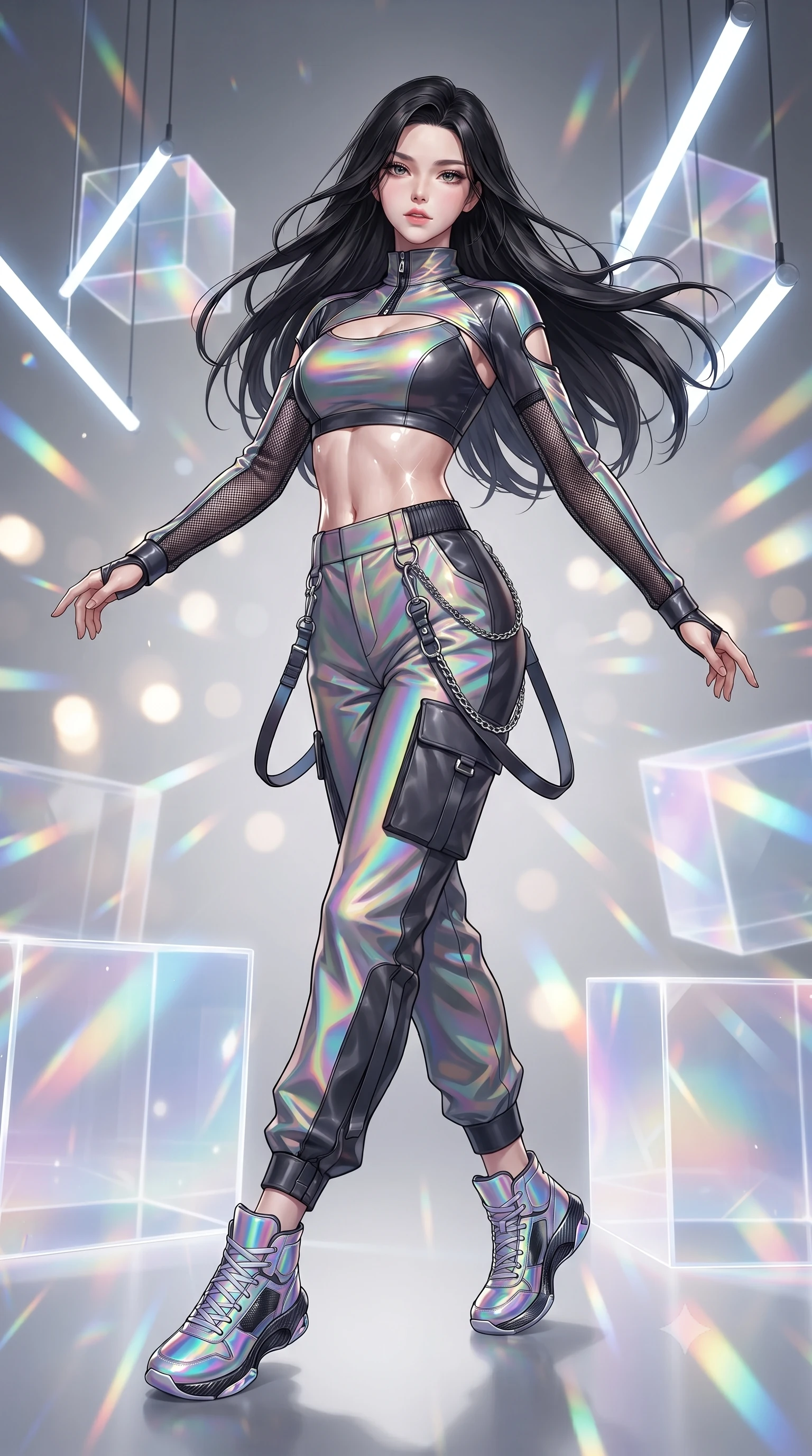 score_9, masterpiece, best quality, ultra-detailed, high-budget anime keyframe, editorial fashion photography, tasteful artistic composition, Korean woman. low angle full-body shot from head to toe showing her feet, filling the entire 9:16 vertical frame with her statuesque presence, stretching her vertical silhouette. pivoting dynamically with supreme athletic balance and poise, her impossibly long slender legs creating a breathtaking line while posing inside an avant-garde digital art gallery surrounded by glowing translucent acrylic cubes and suspended LED tubes. The composition keeps background elements in soft focus with creamy bokeh. refracted light beams and internal acrylic reflections scattering radiant chromatic light motes. She has an absolutely perfect, statuesque 8.5-heads proportion, an exceptionally tall and slender model-like female figure with impossibly long slender legs, a toned flat midriff, and an ultra-slim waist. sharp v-shaped jawline, high-bridge nose, intricate jewel-like eyes with depth, thick eyelashes, glossy lips with a natural sheen, captivating and magnetic expression, flawlessly proportioned anatomical accuracy, strict slender model proportions, natural body alignment, perfectly sculpted long slender limbs, ultra-slim waistline, clean dynamic posture without body distortion. wearing an aerodynamic athletic crop pullover with detachable sleeves and high-waist techwear joggers in iridescent rainbow prism and deep charcoal, crafted from high-gloss metallic ripstop nylon and flexible carbon mesh, accented with hanging industrial clip straps and chrome chain links, the precision-cut daring openings accentuating her delicate midriff, graceful bare collarbones, and ultra-slim feminine waistline. illuminated by clean geometric specular highlights tracing her sculpted torso and legs. ultra-reflective glossy finish, specular highlights, rich textural contrasts, high-contrast stereoscopic depth, volumetric dynamic lighting, 2k, ultra detail, master piece, 9:16 ratio