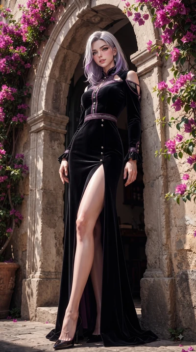 score_9, masterpiece, best quality, ultra-detailed, high-budget anime keyframe, editorial fashion photography, tasteful artistic composition, Caucasian woman. low angle full-body shot from head to toe showing her feet, filling the entire 9:16 vertica