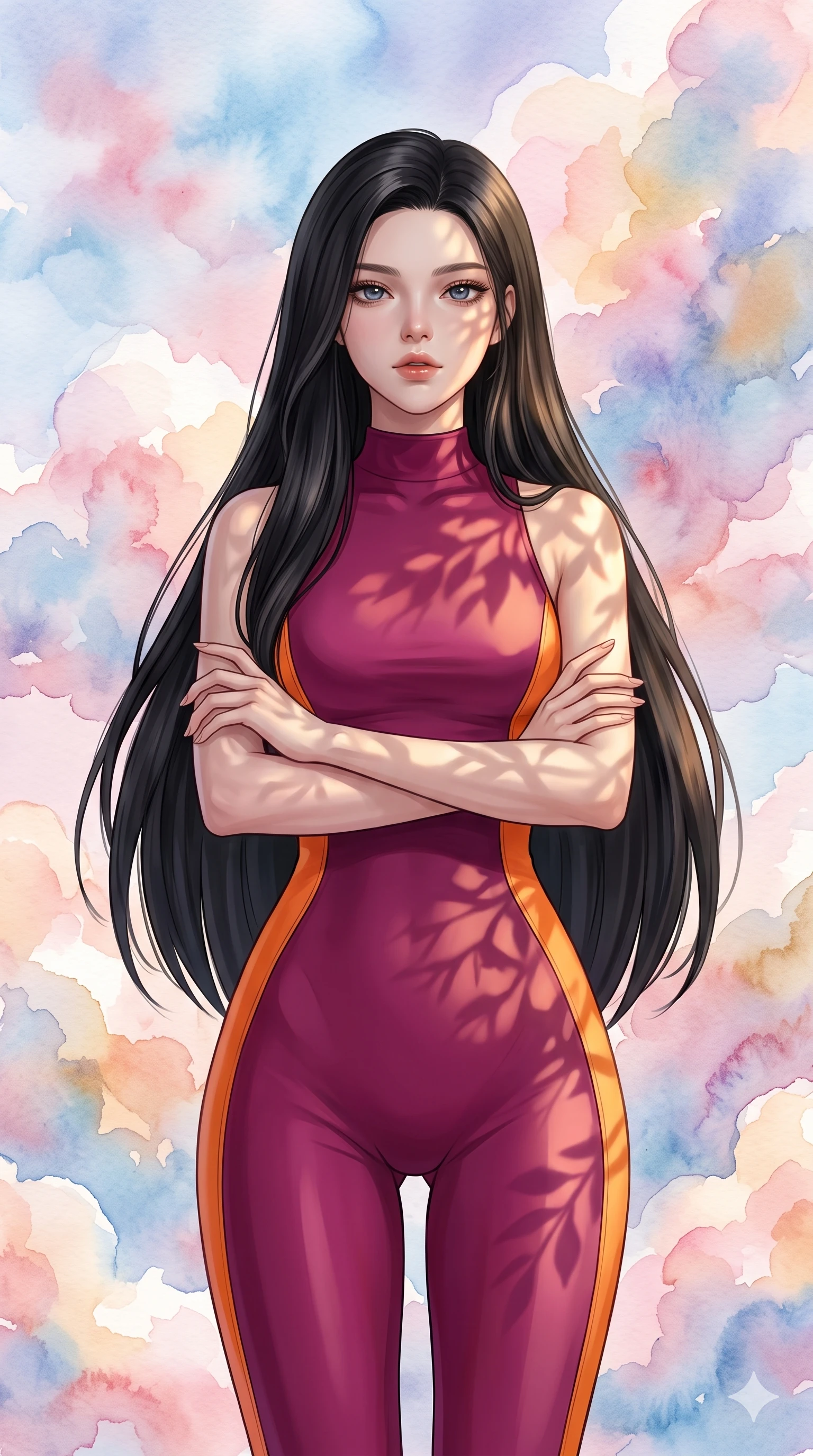 score_9, masterpiece, best quality, ultra-detailed, high-budget anime keyframe, editorial fashion photography, tasteful artistic composition, Korean woman. close-up cowboy shot from the waist and thighs up, the character dominates the composition, filling the frame with her large presence, background elements kept in soft focus. Crossing her arms with serene confidence and chin slightly raised. set against a soft-focus background of floating among enormous clouds that are made of spreading watercolor washes in soft pastel tones each cloud a living painting that bleeds and blooms color into the surrounding atmosphere. She has an exceptionally elegant and slender, willowy female figure with an ultra-slim waist, a gracefully sculpted slender torso, and a refined slim physique. sharp v-shaped jawline, high-bridge nose, intricate jewel-like eyes with depth, thick eyelashes, glossy lips with a natural sheen. wearing a sleek form-contouring jumpsuit in deep magenta with a high neckline, accented by bright tangerine orange side panels that highlight her slim torso. warm golden afternoon sunbeams casting soft organic leaf shadows across her skin. 2k, ultra detail, master piece, 9:16 ratio