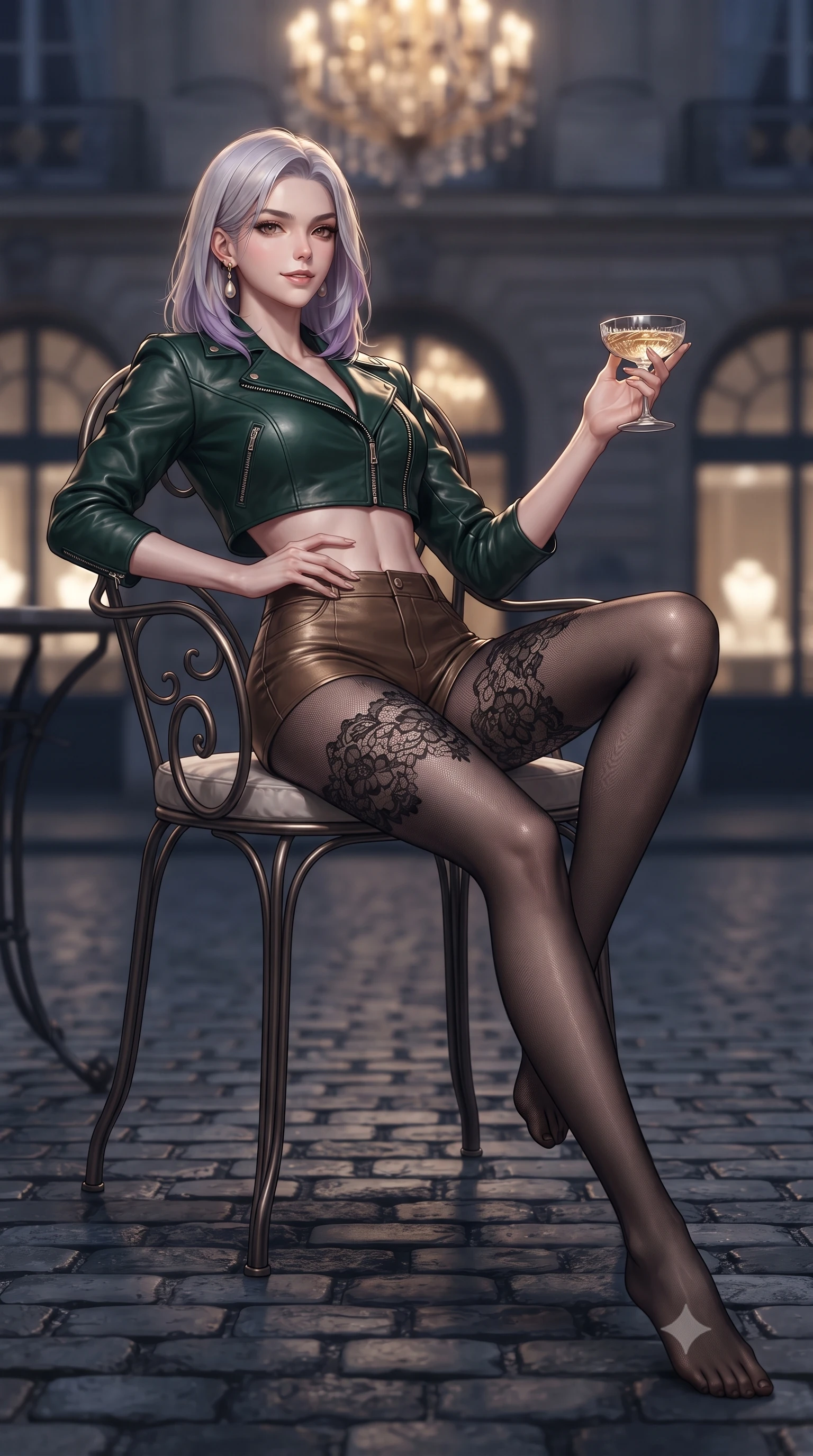 score_9, masterpiece, best quality, ultra-detailed, high-budget anime keyframe, editorial fashion photography, tasteful artistic composition, Caucasian woman. low angle full-body shot from head to toe showing her feet, filling the entire 9:16 vertical frame with her statuesque presence, stretching her vertical silhouette. pausing mid-stride beneath the grand chandelier with one hand resting on her narrow waist, her arched hips and statuesque 8.5-heads presence commanding the 9:16 vertical frame while lounging in an outdoor wrought-iron Parisian armchair with legs crossed, holding a coupe of vintage champagne with sovereign supermodel charisma. The composition keeps background elements in soft focus with dreamy creamy bokeh. the historic square's quiet midnight cobblestones and luxury jewelry salon windows softened in romantic Parisian shallow focus. She has an exceptionally tall and slender model-like 8.5-heads proportion, an ultra-slim waist, a flat toned midriff, narrow delicate ribcage, and beautifully sculpted feminine hips creating a graceful, slim hourglass silhouette without any bulky heaviness, with impossibly long slender legs. sharp v-shaped jawline, high-bridge nose, intricate jewel-like dark sparkling eyes with dangerous depth, thick curled eyelashes, glossy parted lips with a rich wine sheen, smoldering seductive half-smile with bedroom-eyes, exuding effortless superiority and intoxicating dark allure, flawlessly proportioned anatomical accuracy, strict slender model proportions, natural body alignment, perfectly sculpted long slender limbs, ultra-slim waistline, clean dynamic posture without body distortion. wearing a chic cropped lambskin leather bolero jacket paired with high-waisted leather micro-shorts and sheer black hosiery in dark emerald green and brushed antique bronze, crafted from sheer delicate Chantilly lace with intricate gothic floral motifs, accented with a single dangling baroque pearl earring reflecting the amber glow, the form-contouring cut accentuating her sculpted flat midriff, narrow delicate ribcage, and gracefully curvy hips with sovereign high-fashion precision. bathed in soft interior suite golden chandelier spill and cool midnight Parisian sky ambient fill. ultra-reflective glossy finish, specular highlights, rich textural contrasts, high-contrast stereoscopic depth, volumetric dynamic lighting, 2k, ultra detail, master piece, 9:16 ratio