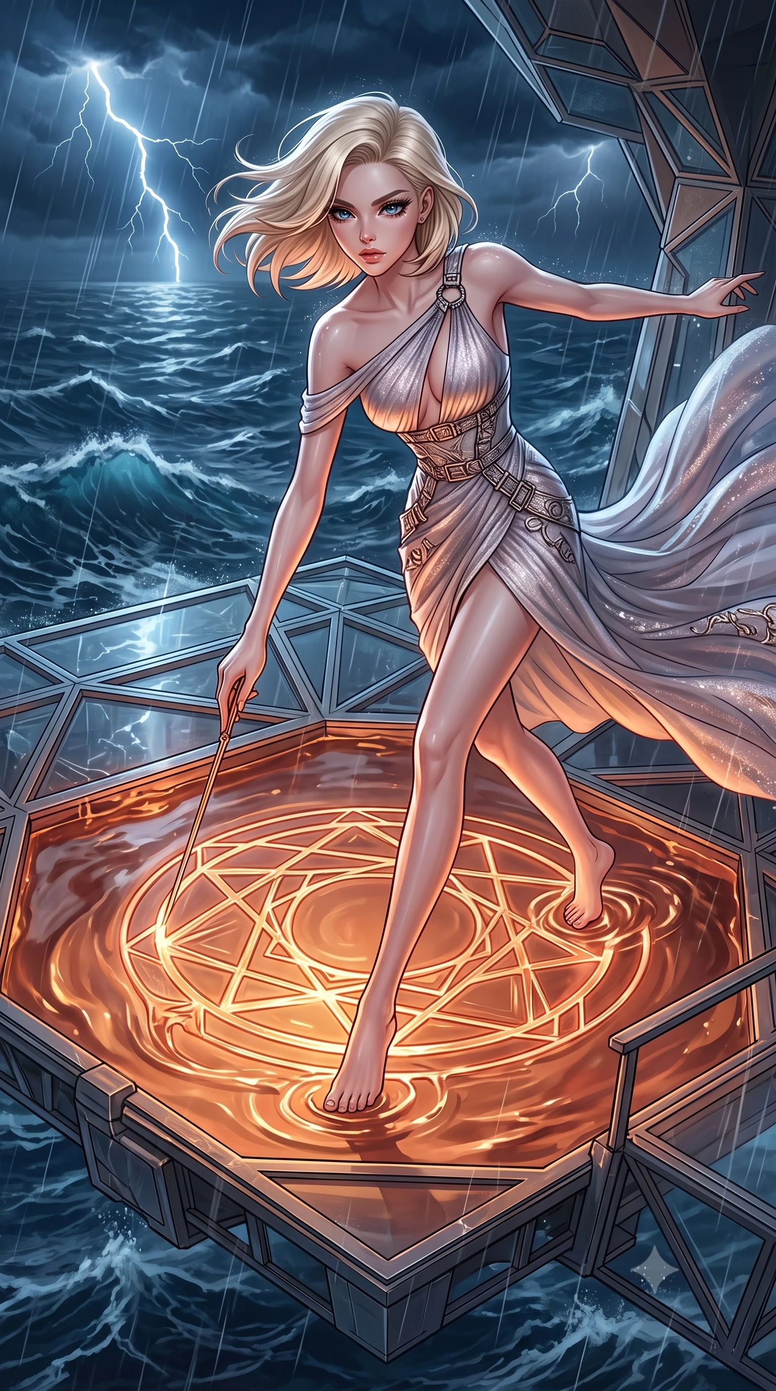 score_9, masterpiece, best quality, ultra-detailed, High-budget Anime Keyframe, Caucasian woman, strictly human ears. Dynamic full-body shot stretching the vertical silhouette to the limit. Scenario 371: tracing geometric patterns in a pool of warm liquid copper inside a floating platform suspended over a stormy sea of dark blue water. Her presence is magnetic and overpowering in this high-budget anime scene. Outfit 371: a tailored shimmering chiffon long with a low-cut shoulder and metallic buckles. The clothing is designed to emphasize her exceptionally tall and slender 8-heads proportion. 8-heads proportion, towering silhouette, ultra-slim waist. sharp v-shaped jawline, intricate jewel-like eyes with depth, thick eyelashes, glossy lips. 2k, ultra detail, master piece, 9:16 ratio