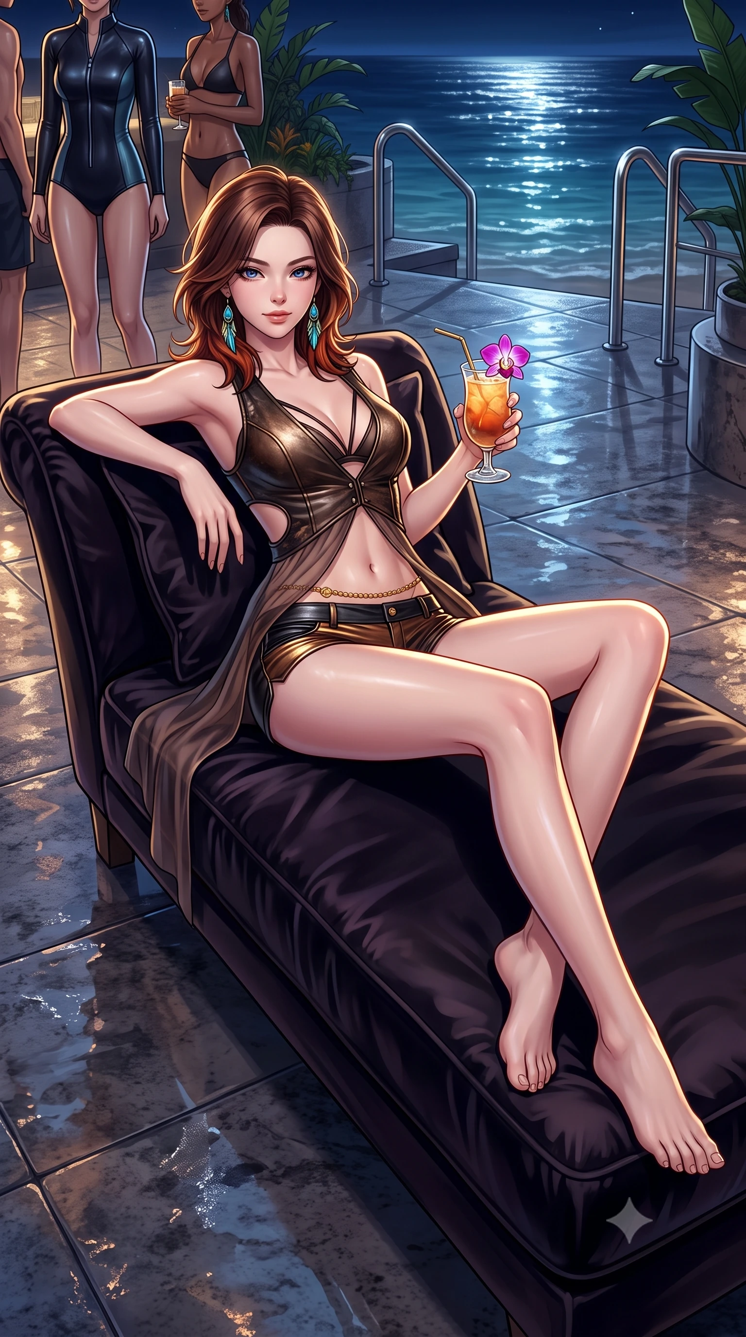 score_9, masterpiece, best quality, ultra-detailed, high-budget anime keyframe, semi-realistic 3D game render, editorial fashion photography, tasteful artistic composition, Korean woman. low angle full-body shot from head to toe showing her feet, filling the entire 9:16 vertical frame with her statuesque presence, stretching her vertical silhouette. reclining gracefully across the plush chaise lounge with one leg extended, her sculpted silhouette and flat midriff radiating magnetic nocturnal glamour while perched sideways on the daybed propped on one elbow, holding an iced cocktail with an intoxicating, smoldering bedroom-smile. The surrounding environment is rendered in vivid detail and crisp panoramic clarity: detailed wet-look neoprene zip swimsuit cling, gold waist chain shine, and luxury beach club styling in razor-sharp precision. She has an absolutely perfect, statuesque 8.5-heads proportion, an exceptionally tall and slender model-like female figure with impossibly long slender legs, an ultra-slim waist, a flat toned midriff, narrow delicate ribcage, and beautifully sculpted feminine hips creating a graceful, slim hourglass silhouette without any bulky heaviness. sharp v-shaped jawline, high-bridge nose, sparkling eyes with hypnotic seductive depth, thick curled eyelashes, glossy parted lips with a natural dewy peach sheen, alluring bedroom-eyes with an enchanting coquettish smile, exuding magnetic siren charisma and sophisticated glamour, flawlessly proportioned anatomical accuracy, strict slender model proportions, natural body alignment, perfectly sculpted long slender limbs, ultra-slim waistline, clean dynamic posture without body distortion. wearing a form-contouring distressed leather vest worn open over a strappy micro-bralette and low-rise leather hot-pants in metallic liquid bronze and Mojave obsidian black, made of sheer gossamer chiffon that drapes softly against skin with airy translucence, accented with turquoise and silver bohemian feather earrings swaying near her bare neck, the precision-cut side openings and low-back scoop framing her graceful spine and the sensual sweep of her slim, toned hips. illuminated by sea water reflection fill and sharp platinum-gold rim lights sculpting her razor-sharp jawline, narrow waist, and curvy hips. highly saturated vibrant anime colors, detailed shading with soft gradients, rich glossy textures, high-contrast stereoscopic depth, volumetric dynamic lighting, master piece, 9:16 ratio