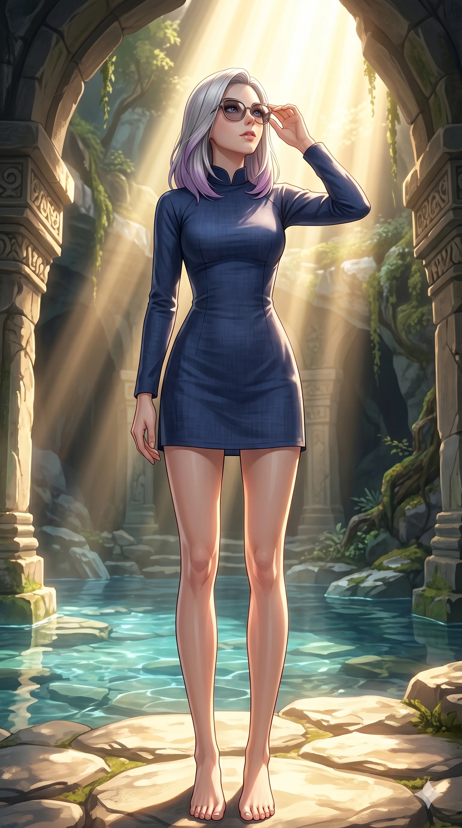 score_9, masterpiece, best quality, ultra-detailed, high-budget anime keyframe, editorial fashion photography, tasteful artistic composition, Caucasian woman, strictly human ears. low angle full-body shot from head to toe showing her feet, filling the entire 9:16 vertical frame with her statuesque presence, stretching her vertical silhouette. resting her fingers on a sunglasses frame, looking up with a gentle, curious gaze inside a hidden valley sanctuary with crystal-clear spring pools (Code-P19-045). She has an absolutely perfect 8-heads proportion, an exceptionally tall and slender female figure with impossibly long slender legs and an ultra-slim waist. V-shaped jawline, high-bridge nose, intricate jewel-like eyes with depth, thick eyelashes, glossy lips with a natural sheen. wearing a modern high-neck traditional resort dress with long sleeves in navy linen. bright cinematic volumetric lighting with a warm sunbeam tracing her contours. 2k, ultra detail, master piece, 9:16 ratio