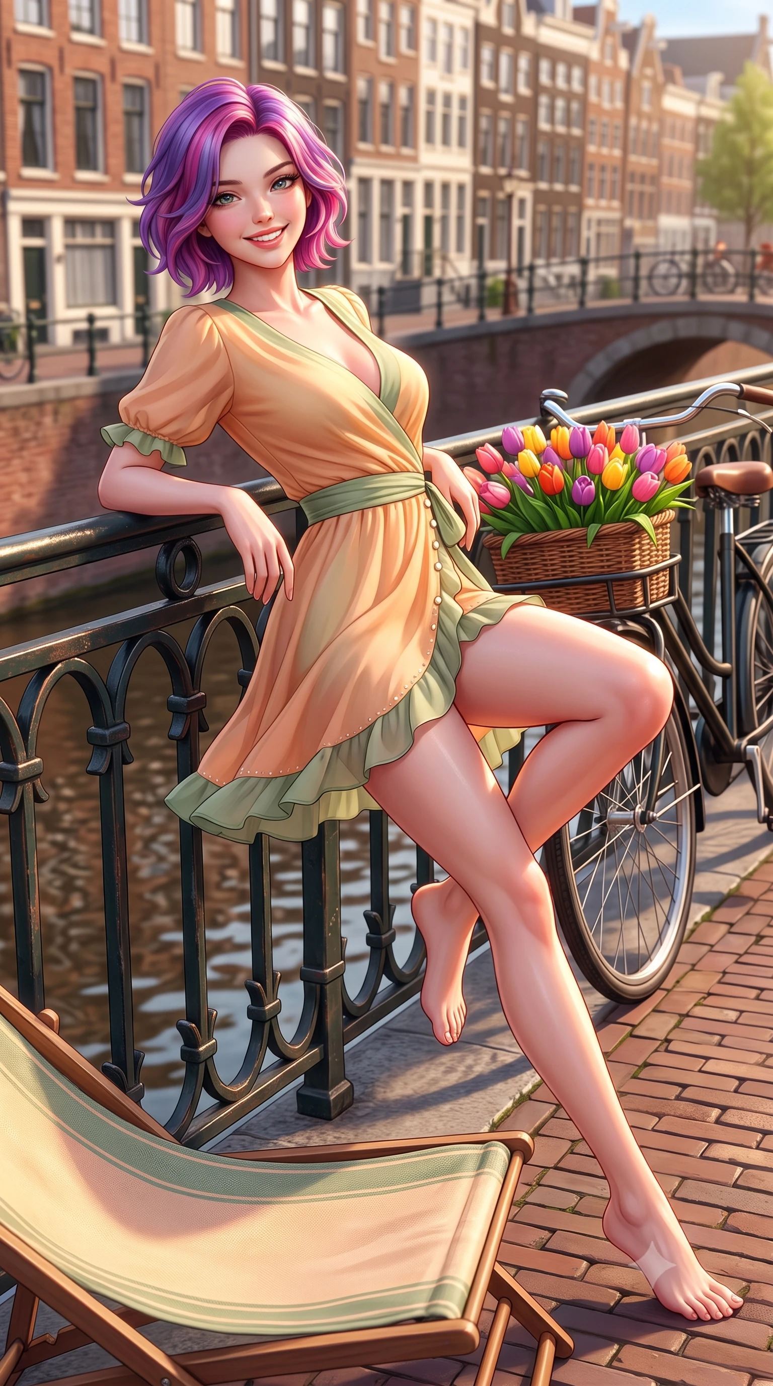 score_9, masterpiece, best quality, ultra-detailed, high-budget anime keyframe, semi-realistic 3D game render, editorial fashion photography, tasteful artistic composition, Caucasian woman. low angle full-body shot from head to toe showing her feet, filling the entire 9:16 vertical frame with her statuesque presence, stretching her vertical silhouette. reclining languidly on her side across the sunbed with one knee drawn up, her radiant smile and arched hip curve commanding the 9:16 vertical frame with youthful sensual charisma while leaning against the wrought-iron canal bridge railing beside a vintage bicycle laden with colorful tulips, arching her back with a cheerful cute smile. The surrounding environment is rendered in vivid detail and crisp panoramic clarity. detailed knit cardigan texture, morning sun glints on skin, and Amsterdam canal architecture in high resolution. She has an exceptionally tall and slender model-like 8.5-heads proportion, an ultra-slim waist, a flat toned midriff, narrow delicate ribcage, and beautifully sculpted feminine hips creating a graceful, slim hourglass silhouette without any bulky heaviness, with impossibly long slender legs. sharp v-shaped jawline, high-bridge nose, intricate jewel-like sparkling eyes with depth, thick eyelashes, glossy parted lips with a natural peach sheen, bright cheerful beaming smile with an enchanting and coquettish sensual glint, exuding both youthful cute charm and seductive allure, flawlessly proportioned anatomical accuracy, strict slender model proportions, natural body alignment, perfectly sculpted long slender limbs, ultra-slim waistline, clean dynamic posture without body distortion. wearing a breezy wrap mini dress with a deep V-neckline and tie-waist accentuating her sculpted flat midriff and hips in soft apricot and sage green, tailored from fine lightweight chiffon that flutters gently in the breeze, finished with subtle ruffle trims and delicate pearl buttons, the glove-like silhouette tightly following the natural contour of her hips and long slender legs with youthful 8.5-heads elegance. illuminated by warm brick wall bounce light contouring her razor-sharp jawline, narrow waist, and curvy hips. highly saturated vibrant anime colors, detailed shading with soft gradients, rich glossy textures, high-contrast stereoscopic depth, volumetric dynamic lighting, master piece, 9:16 ratio