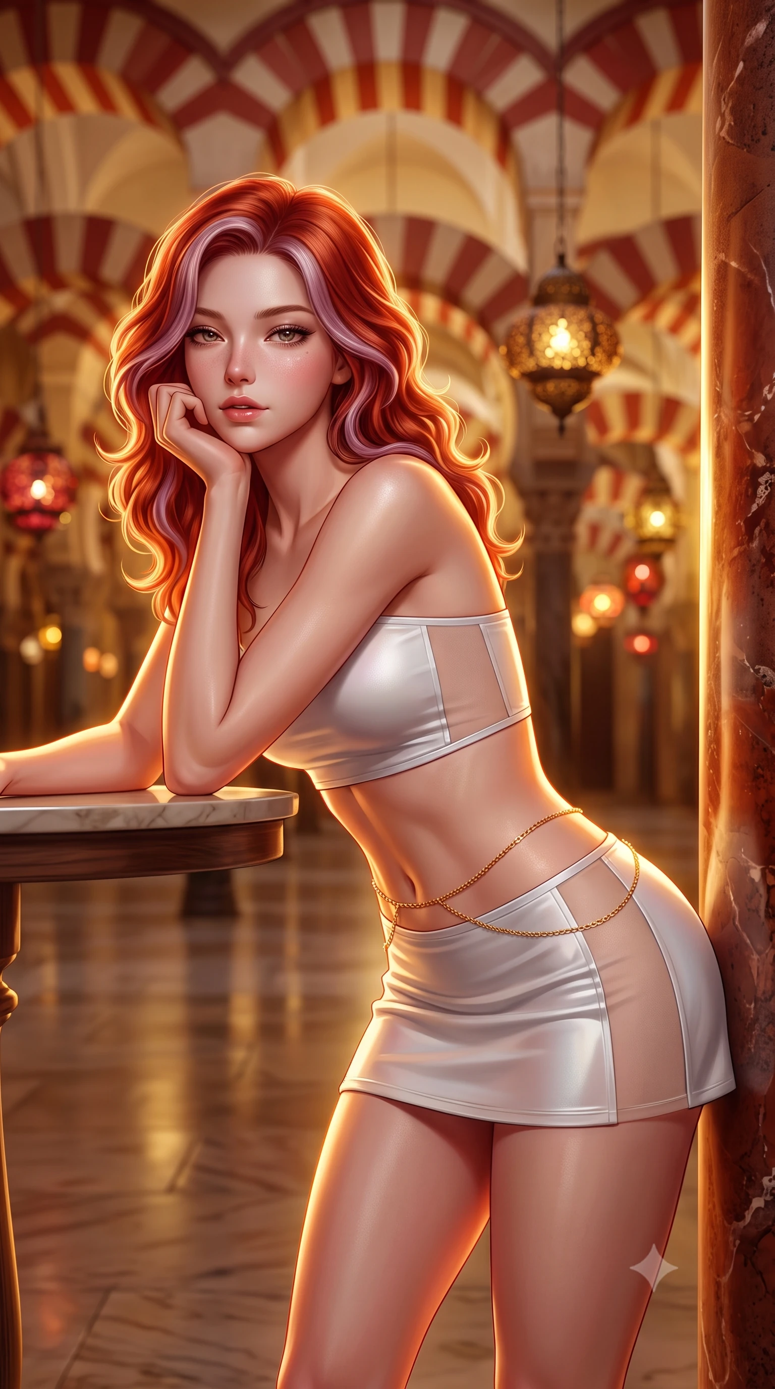 score_9, masterpiece, best quality, ultra-detailed, high-budget anime keyframe, semi-realistic 3D game render, editorial fashion photography, tasteful artistic composition, Caucasian woman. close-up cowboy shot from the waist and thighs up, the character dominates the composition, filling the frame with her large presence. resting one elbow on the table and supporting her chin, leaning close to the camera with heavy-lidded sparkling eyes and parted lips while leaning against a polished jasper column with hips cocked back, looking through the hypostyle vistas with heavy-lidded bedroom-eyes. The background shows a soft-focus endless repeating red-and-white striped horseshoe arches extending into golden haze, hanging pierced oil lamps blurred into ruby, topaz, and amber bokeh. She has an exceptionally elegant, slender, and willowy female figure with an ultra-slim waist, flat toned midriff, narrow ribcage, and sculpted feminine hips creating an alluring, slim hourglass silhouette without bulk. sharp v-shaped jawline, high-bridge nose, intricate jewel-like sparkling eyes with depth, thick eyelashes, glossy parted lips with a natural peach sheen, bright cheerful beaming smile with an enchanting and coquettish sensual glint, exuding both youthful cute charm and seductive allure, flawlessly proportioned anatomical accuracy, strict slender model proportions, natural body alignment, perfectly sculpted long slender limbs, ultra-slim waistline, clean dynamic posture without body distortion. wearing an ultra-cropped fitted bandeau top paired with a micro mini tennis skirt revealing her flat midriff in pure translucent crystal white and liquid platinum, featuring strategic sheer-illusion tulle side panels framing her ribcage and hips, accented with a dainty gold belly chain resting across her flat midriff and curving hips, the bespoke structured tailoring following the natural line of her 8.5-heads silhouette with refined elegance. illuminated by polished stone floor bounce and sharp flame-gold rim lights defining her dewy collarbones, ultra-slim waist, and curvy hips. highly saturated vibrant anime colors, detailed shading with soft gradients, rich glossy textures, high-contrast stereoscopic depth, volumetric dynamic lighting, master piece, 9:16 ratio