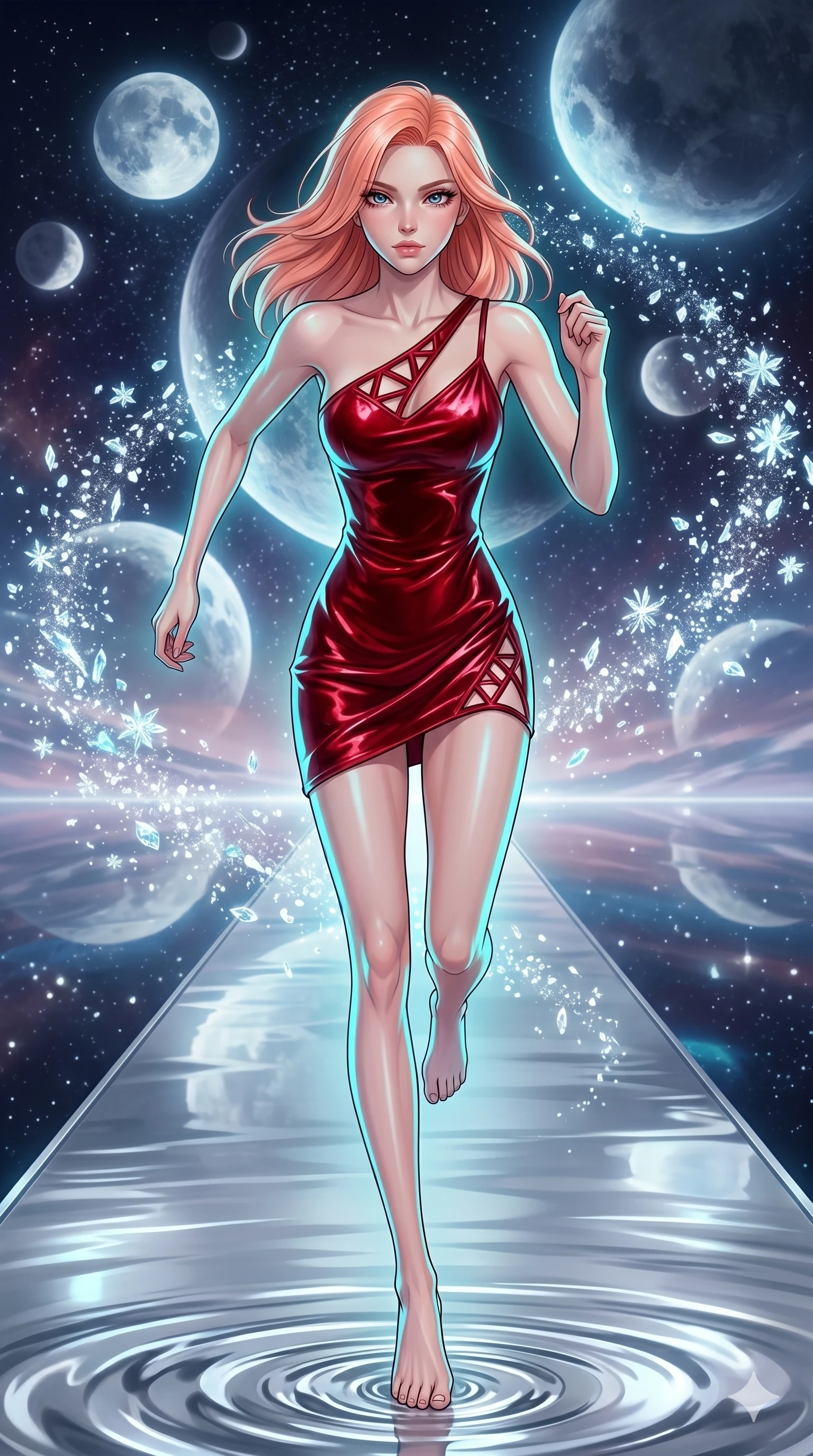 score_9, masterpiece, best quality, ultra-detailed, high-budget anime keyframe, editorial fashion photography, tasteful artistic composition, Japanese woman. upper body close-up from the thighs up, character filling the screen for maximum presence. sprinting along on a runway of liquid mercury reflecting a sky filled with multiple moons while delicate glowing ice crystals scatter in a glittering vortex. She has an absolutely perfect 8-heads proportion, an exceptionally tall and slender female figure with impossibly long slender legs and an ultra-slim waist. V-shaped jawline, high-bridge nose, intricate jewel-like eyes with depth, thick eyelashes, glossy lips with a natural sheen.. wearing an asymmetric liquid velvet slip dress, featuring a wet-look deep crimson red velvet one-shoulder mini slip with asymmetric geometric cutout trim. lit by a cool cybernetic cyan glow that highlights the contours of her slender form. 2k, ultra detail, master piece, 9:16 ratio