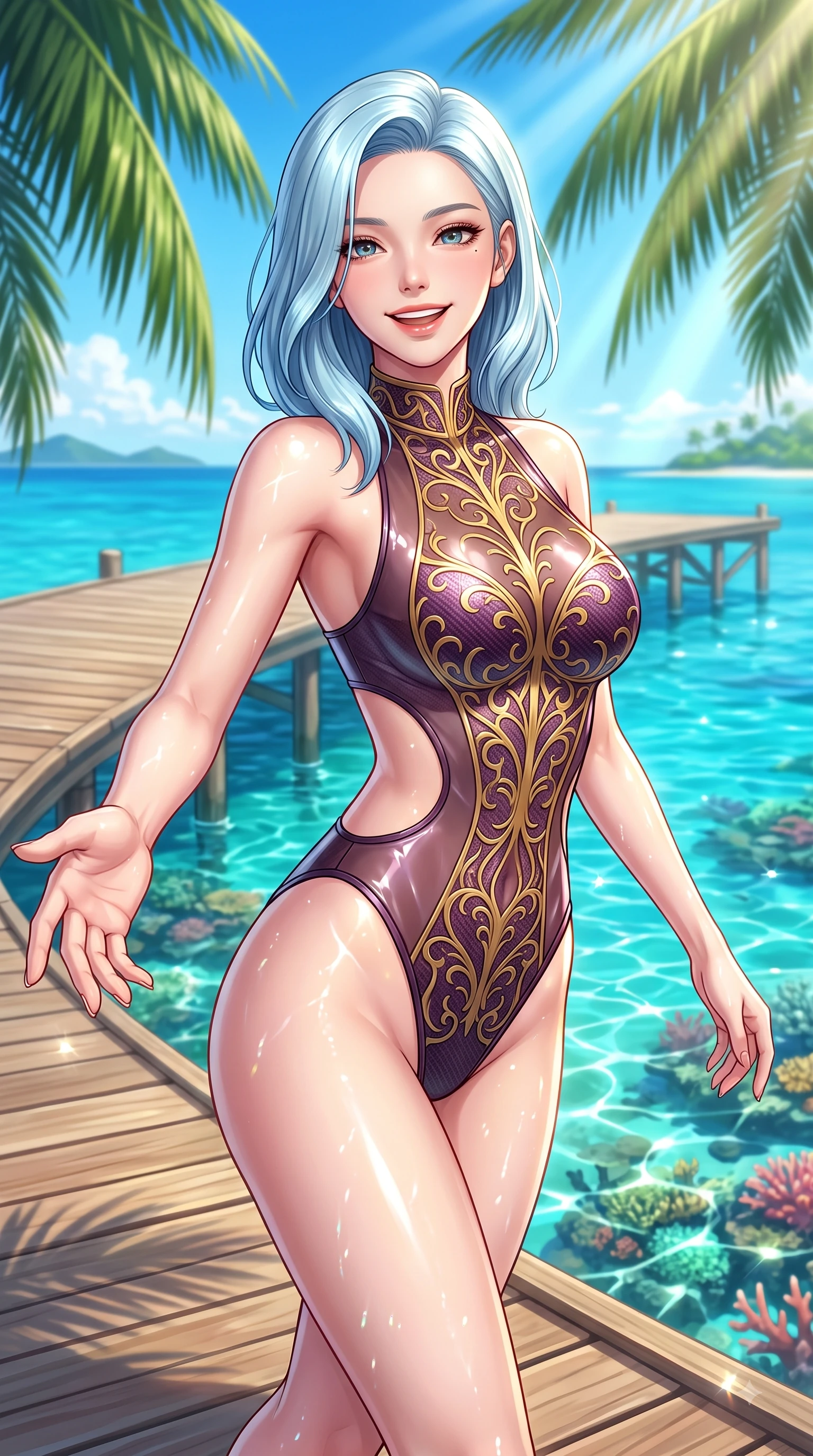 score_9, masterpiece, best quality, ultra-detailed, high-budget anime keyframe, editorial fashion photography, tasteful artistic composition, Korean woman. close-up cowboy shot from the waist and thighs up, the character dominates the composition, filling the frame with her large presence, background elements kept in soft focus. Gazing directly into the camera with a joyful, infectious smile as her torso curves dynamically in mid-stride while reaching one arm out cheerfully toward the camera while walking along a palm-shaded pier, crystal-clear turquoise water revealing vibrant coral reefs shimmering beneath bright sunbeams. She has an exceptionally elegant, slender, and willowy female figure with an ultra-slim waist, a gracefully sculpted slender torso, and a refined silhouette. sharp v-shaped jawline, high-bridge nose, intricate jewel-like eyes with depth, thick eyelashes, glossy lips with a natural sheen, flawlessly proportioned anatomical accuracy, natural body alignment, perfectly sculpted elegant limbs, clean dynamic posture without body distortion. wearing a high-cut translucent vinyl leotard with front paneling and open back in plum purple and gold filigree, made of fine carbon-fiber weave and soft matte leather, featuring clean architectural cutouts along her slender torso, the sleek second-skin texture accentuating her magnetic presence. bathed in brilliant tropical sunshine and glittering ocean water refractions. highly saturated vibrant anime colors, detailed shading with soft gradients, rich glossy textures, high-contrast stereoscopic depth, volumetric dynamic lighting, master piece, 9:16 ratio
