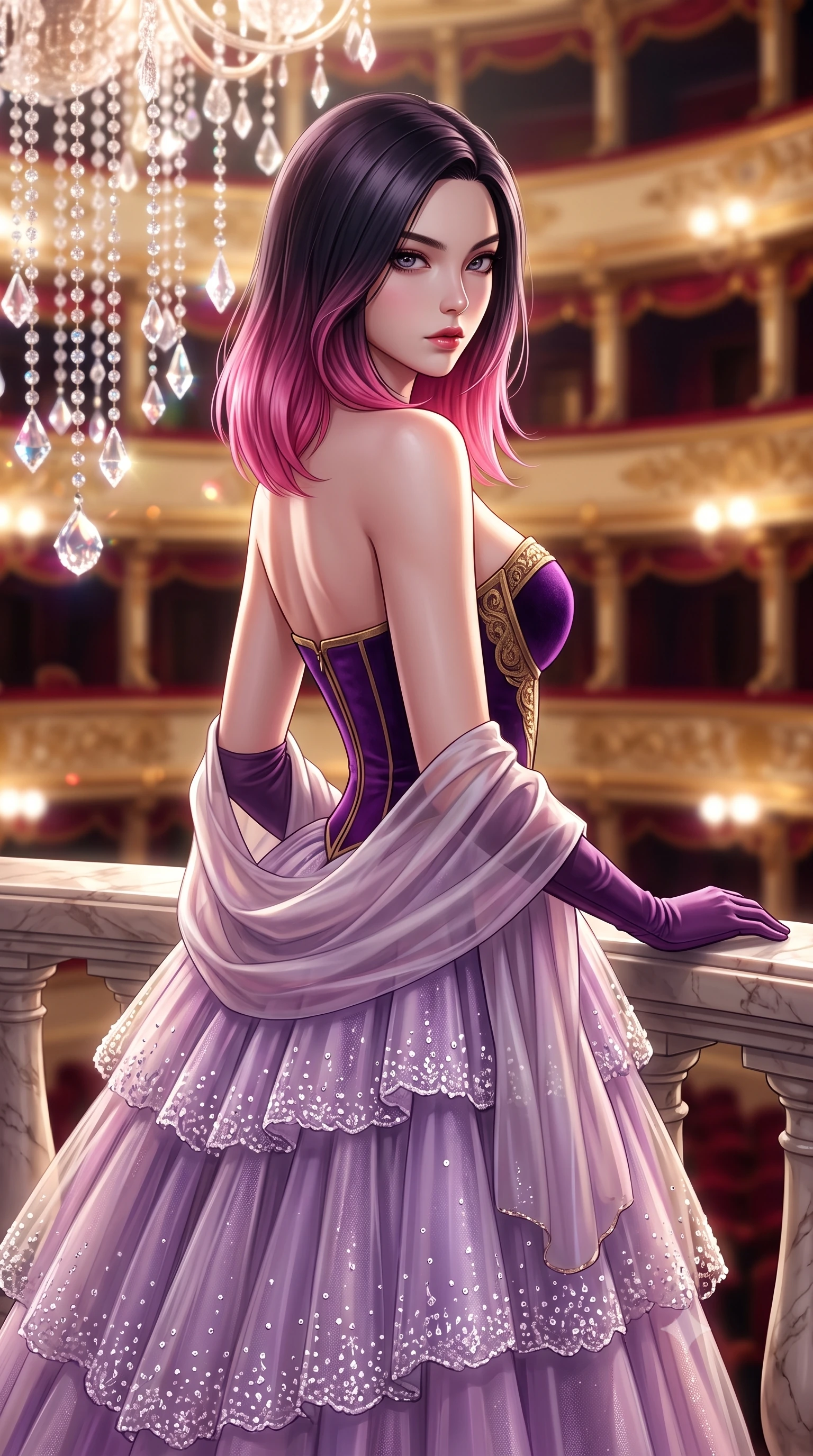 score_9, masterpiece, best quality, ultra-detailed, high-budget anime keyframe, semi-realistic 3D game render, editorial fashion photography, tasteful artistic composition, Korean woman. close-up cowboy shot from the waist and thighs up, the character dominates the composition, filling the frame with her large presence. turning over her shoulder with an indomitable, smoldering gaze, her soft hair framing her razor-sharp v-shaped jawline while resting one gloved hand on the polished marble railing with majestic high-society poise. The composition keeps background elements in soft focus with creamy bokeh. cascading crystal chandeliers and multi-tiered gilded theater balconies blurred into radiant diamond, ruby, and gold bokeh. She has an exceptionally elegant, slender, and willowy female figure with an ultra-slim waist, a gracefully sculpted slender torso, toned flat midriff, and a refined slim silhouette. sharp v-shaped jawline, high-bridge nose, intricate jewel-like eyes with depth, thick eyelashes, glossy lips with a natural sheen, captivating and magnetic expression, flawlessly proportioned anatomical accuracy, strict slender model proportions, natural body alignment, perfectly sculpted long slender limbs, ultra-slim waistline, clean dynamic posture without body distortion. wearing a tiered crystal-embellished tulle ballgown with an exposed clavicle neckline and sweetheart bustier in imperial purple velvet and antique gold, made of structured fine wool crepe and liquid silk satin, finished with a gossamer silk shawl draped loosely over her elbows, the liquid-tight tailored fabric emphasizing every curve of her tall, slender model proportions and sculptured silhouette during dynamic movement. illuminated by crisp directional key light defining her razor-sharp jawline and ultra-slim waist. highly saturated vibrant anime colors, detailed shading with soft gradients, rich glossy textures, high-contrast stereoscopic depth, volumetric dynamic lighting, master piece, 9:16 ratio