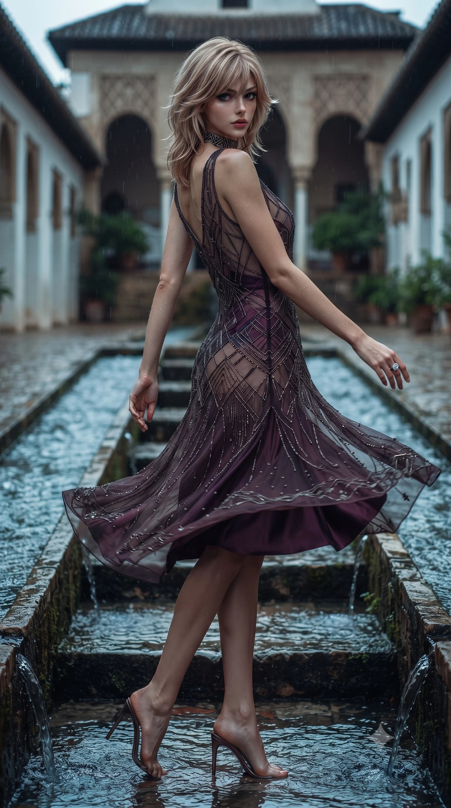 score_9, masterpiece, best quality, ultra-detailed, high-budget anime keyframe, editorial fashion photography, tasteful artistic composition, Japanese woman. low angle full-body shot from head to toe showing her feet, filling the entire 9:16 vertical frame with her statuesque presence, stretching her vertical silhouette. executing an elegant mid-motion pivot turn as garments swirl around her slender limbs, glancing over her shoulder with an intoxicating bedroom-gaze while descending the ancient stone staircase with channels of mountain water flowing through the handrails, arching her back with sovereign supermodel grace. The surrounding environment is rendered in vivid detail and crisp panoramic clarity. detailed linen and lace gown texture, evening mist droplets on skin, and Generalife garden architecture in high resolution. She has an exceptionally tall and slender model-like 8.5-heads proportion, an ultra-slim waist, a flat toned midriff, narrow delicate ribcage, and beautifully sculpted feminine hips creating a graceful, slim hourglass silhouette without any bulky heaviness, with impossibly long slender legs. sharp v-shaped jawline, high-bridge nose, intricate jewel-like eyes with depth, thick eyelashes, glossy parted lips with a natural sheen, intensely captivating and seductive bedroom-eyes expression, flawlessly proportioned anatomical accuracy, strict slender model proportions, natural body alignment, perfectly sculpted long slender limbs, ultra-slim waistline, clean dynamic posture without body distortion. wearing a sheer vintage mesh flapper dress adorned with intricate geometric beadwork over an opaque silk slip in deep plum violet and antique bronze, tailored from water-resistant treated wool gabardine and flexible stretch silk, complemented by a bold geometric choker and sparkling cocktail ring, the glove-like aerodynamic silhouette tightly following the natural contour of her hips and long slender legs with statuesque 8.5-heads elegance. illuminated by cool water surface specular reflections sharply defining her razor-sharp jawline, narrow waist, and curvy hips. ultra-reflective glossy finish, specular highlights, rich textural contrasts, high-contrast stereoscopic depth, volumetric dynamic lighting, 2k, ultra detail, master piece, 9:16 ratio