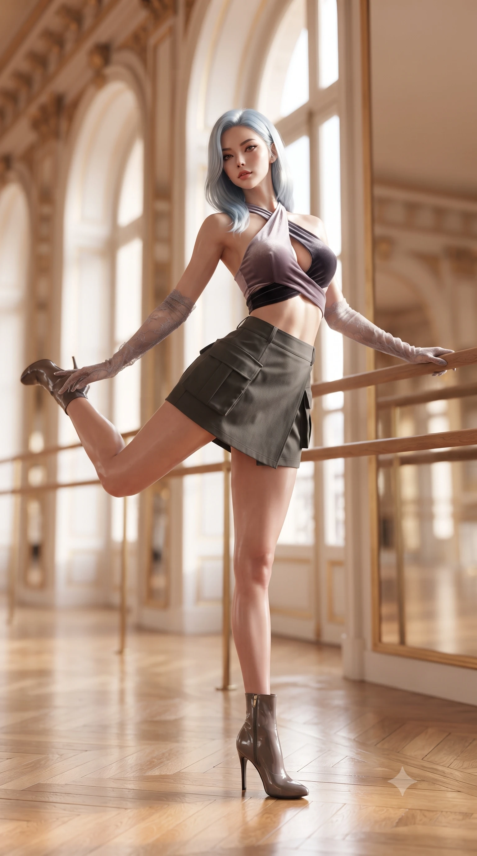score_9, masterpiece, best quality, ultra-detailed, high-budget anime keyframe, editorial fashion photography, tasteful artistic composition, Korean woman. low angle full-body shot from head to toe showing her feet, filling the entire 9:16 vertical frame with her statuesque presence, stretching her vertical silhouette. leaning deep against the balcony balustrade with hips cocked back in an unapologetically alluring high-fashion stance, casting an intoxicating glance while resting one hand on the wooden ballet barre while extending one long slender leg in an exquisite arabesque, arching her spine with dancer poise. The background shows a soft-focus endless reflections in gilded floor-to-ceiling mirrors, soaring arched windows, and white molding blurred into cream, peach, and gold bokeh. She has an absolutely perfect, statuesque 8.5-heads proportion, an exceptionally tall and slender model-like female figure with impossibly long slender legs, an ultra-slim waist, a flat toned midriff, narrow delicate ribcage, and beautifully sculpted feminine hips creating a graceful, slim hourglass silhouette without any bulky heaviness. sharp v-shaped jawline, high-bridge nose, sparkling eyes with hypnotic seductive depth, thick curled eyelashes, glossy parted lips with a natural dewy peach sheen, alluring bedroom-eyes with an enchanting coquettish smile, exuding magnetic siren charisma and sophisticated glamour, flawlessly proportioned anatomical accuracy, strict slender model proportions, natural body alignment, perfectly sculpted long slender limbs, ultra-slim waistline, clean dynamic posture without body distortion. wearing a high-waisted tactical wrap mini skirt with dual utility pockets paired with a plunging criss-cross halter sports top in dusky lavender mist and dark charcoal velvet, tailored from ultra-plush velvet with rich tactile depth and deep shadow gradients, complemented by sheer opera-length lace evening gloves tracing her slender arms, the second-skin tailored fabric adhering flawlessly to her sculpted flat midriff and slender torso, emphasizing her long leg lines and perfectly proportioned willowy build. bathed in radiant morning sunlight streaming through monumental Parisian arched windows. ultra-reflective glossy finish, specular highlights, rich textural contrasts, high-contrast stereoscopic depth, volumetric dynamic lighting, 2k, ultra detail, master piece, 9:16 ratio