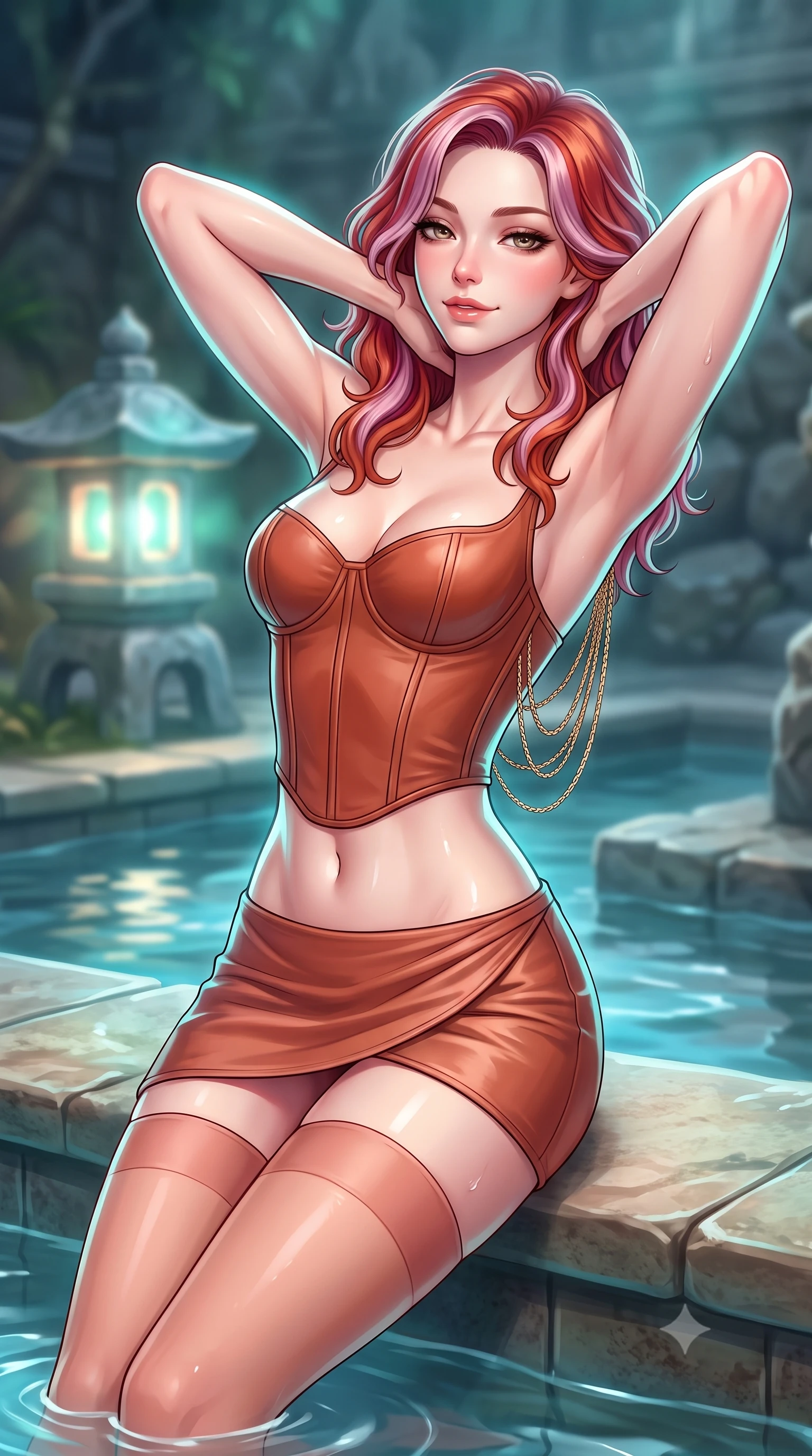 score_9, masterpiece, best quality, ultra-detailed, high-budget anime keyframe, semi-realistic 3D game render, editorial fashion photography, tasteful artistic composition, Caucasian woman. close-up cowboy shot from the waist and thighs up, the character dominates the composition, filling the frame with her large presence. resting both hands lightly behind her neck with elbows raised, arching her spine to highlight her narrow waist, flat midriff, and breathtaking collarbones while lounging in the shallow natural spring shelf propped on both hands, her statuesque 8.5-heads silhouette radiating breathtaking tropical sensuality. The background shows a soft-focus stone lantern glows softened in mystical Balinese sanctuary shallow focus. She has an exceptionally elegant, slender, and willowy female figure with an ultra-slim waist, flat toned midriff, narrow ribcage, and sculpted feminine hips creating an alluring, slim hourglass silhouette without bulk. sharp v-shaped jawline, high-bridge nose, sparkling eyes with hypnotic seductive depth, thick curled eyelashes, glossy parted lips with a natural dewy peach sheen, alluring bedroom-eyes with an enchanting coquettish smile, exuding magnetic siren charisma and sophisticated glamour, flawlessly proportioned anatomical accuracy, strict slender model proportions, natural body alignment, perfectly sculpted long slender limbs, ultra-slim waistline, clean dynamic posture without body distortion. wearing a structured boned leatherette corset bodice paired with an ultra-short micro-wrap mini skirt and sheer thigh-high stockings in Positano terracotta and blush peach, woven from buttery-soft stretch lambskin leather adhering to her body like a second skin, accented with an open-back drape framed by falling strands of delicate gold chains, the precision-cut side openings and low-back scoop framing her graceful spine and the sensual sweep of her slim, toned hips. illuminated by spring water specular reflections and sharp platinum-turquoise rim lights sculpting her jawline, flat midriff, and curvy hips. highly saturated vibrant anime colors, detailed shading with soft gradients, rich glossy textures, high-contrast stereoscopic depth, volumetric dynamic lighting, master piece, 9:16 ratio