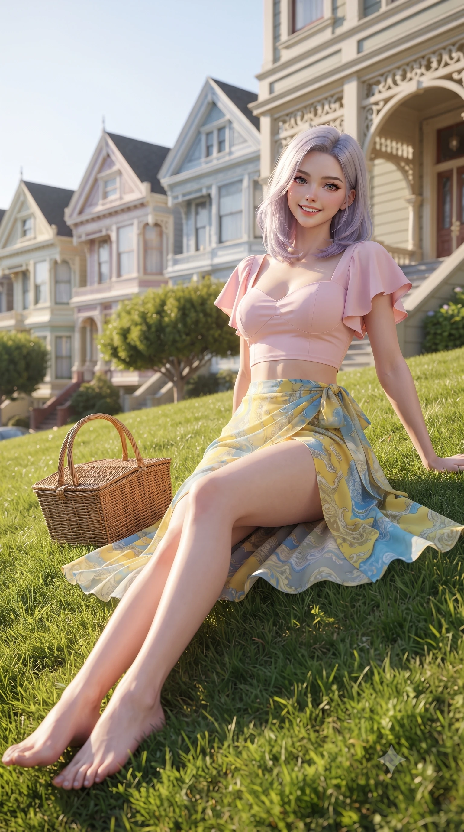 score_9, masterpiece, best quality, ultra-detailed, high-budget anime keyframe, editorial fashion photography, tasteful artistic composition, Caucasian woman. low angle full-body shot from head to toe showing her feet, filling the entire 9:16 vertical frame with her statuesque presence, stretching her vertical silhouette. leaning deep against the sunlit architecture with hips cocked back in a cute yet unapologetically alluring high-fashion stance, flashing a warm beaming smile while sitting on a sunlit green grass slope with a wicker picnic basket, arching her lower back with a bright cheerful smile as pastel Painted Ladies Victorians line the view. The surrounding environment is rendered in vivid detail and crisp panoramic clarity. sharp Victorian architectural woodwork fretwork, lush green grass textures, and picnic basket wicker weave in deep focus. She has an exceptionally tall and slender model-like 8.5-heads proportion, an ultra-slim waist, a flat toned midriff, narrow delicate ribcage, and beautifully sculpted feminine hips creating a graceful, slim hourglass silhouette without any bulky heaviness, with impossibly long slender legs. sharp v-shaped jawline, high-bridge nose, intricate jewel-like sparkling eyes with depth, thick eyelashes, glossy parted lips with a natural peach sheen, bright cheerful beaming smile with an enchanting and coquettish sensual glint, exuding both youthful cute charm and seductive allure, flawlessly proportioned anatomical accuracy, strict slender model proportions, natural body alignment, perfectly sculpted long slender limbs, ultra-slim waistline, clean dynamic posture without body distortion. wearing a sweetheart-neckline baby-pink crop top with a high-slit wrap mini skirt accentuating her waist-to-hip curve in sunny daffodil yellow and clear sky blue, tailored from fine lightweight chiffon that flutters gently in the breeze, featuring elegant flutter sleeves and a graceful square neckline, the high-waisted tailoring accentuating her ultra-slim waistline and the enchanting curve of her feminine hips with alluring charm. illuminated by warm grass lawn bounce light contouring her sculpted collarbones, ultra-slim waist, and curvy hips. ultra-reflective glossy finish, specular highlights, rich textural contrasts, high-contrast stereoscopic depth, volumetric dynamic lighting, 2k, ultra detail, master piece, 9:16 ratio