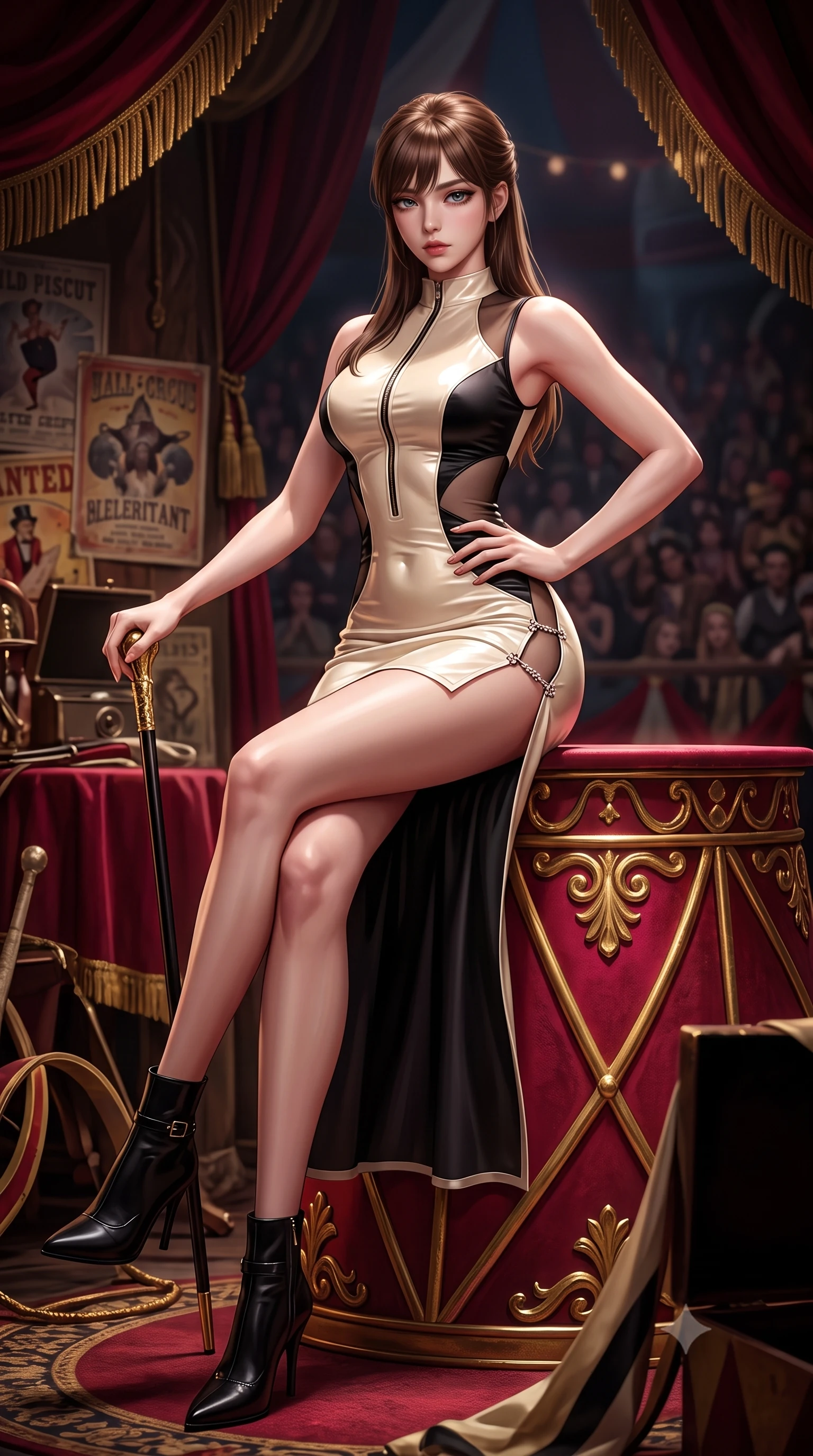 score_9, masterpiece, best quality, ultra-detailed, high-budget anime keyframe, semi-realistic 3D game render, editorial fashion photography, tasteful artistic composition, Korean woman. low angle full-body shot from head to toe showing her feet, filling the entire 9:16 vertical frame with her statuesque presence, stretching her vertical silhouette. sitting perched on the elevated edge with hips angled toward the camera and legs crossed, displaying her toned midriff and flawlessly sculpted slender limbs while leaning against a crimson circus ringmaster podium with hips cocked back, holding a gold-tipped cane while locking smoldering eyes with the lens. The surrounding environment is rendered in vivid detail and crisp panoramic clarity. intense theatrical chiaroscuro and decadent dark carnival aesthetics rendered with precision. She has an absolutely perfect, statuesque 8.5-heads proportion, an exceptionally tall and slender model-like female figure with impossibly long slender legs, a toned flat midriff, an ultra-slim waist, and beautifully sculpted feminine hips. sharp v-shaped jawline, high-bridge nose, intricate jewel-like eyes with depth, thick eyelashes, glossy parted lips with a natural sheen, intensely captivating and seductive bedroom-eyes expression, flawlessly proportioned anatomical accuracy, strict slender model proportions, natural body alignment, perfectly sculpted long slender limbs, ultra-slim waistline, clean dynamic posture without body distortion. wearing a form-contouring vinyl circus mini dress with front zipper and body-hugging hip hug in vintage champagne ivory and black satin, made of stretchy athletic knit with sheer mesh cutout inserts, finished with an ultra-high side slit secured by miniature jeweled clasps, the second-skin form-contouring cut accentuating her sculpted flat midriff, narrow waistline, and dramatically curvy hips without adding bulk. surrounded by an eccentric, spellbinding, and dangerously seductive circus queen aura. highly saturated vibrant anime colors, detailed shading with soft gradients, rich glossy textures, high-contrast stereoscopic depth, volumetric dynamic lighting, master piece, 9:16 ratio
