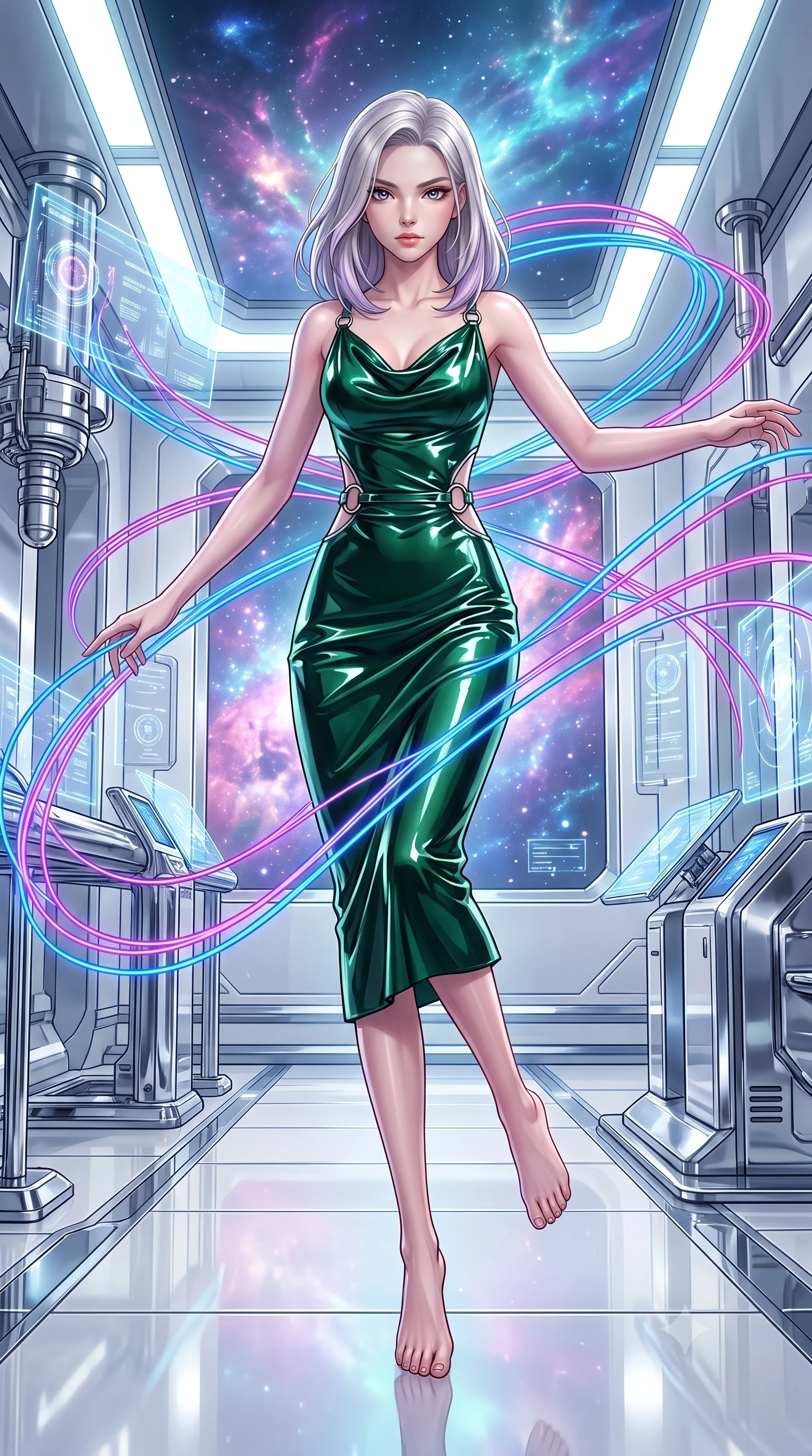 score_9, masterpiece, best quality, ultra-detailed, high-budget anime keyframe, editorial fashion photography, tasteful artistic composition, Caucasian woman. low angle full-body shot from head to toe showing her feet, filling the entire 9:16 vertical frame with her statuesque presence, stretching her vertical silhouette. leaping gracefully through the environment with statuesque elegance and long slender legs threading neon fiber-optic ribbons in a futuristic laboratory room, sleek reflective white and chrome surfaces emphasizing ultra-clean lines. She has an absolutely perfect, statuesque 8.5-heads proportion, an exceptionally tall and slender model-like female figure with impossibly long slender legs and an ultra-slim waist. sharp v-shaped jawline, high-bridge nose, intricate jewel-like eyes with depth, thick eyelashes, glossy lips with a natural sheen. wearing an elegant cowl-neck satin midi dress with a draped neckline in deep emerald green and silver accent, tailored from high-gloss patent leather, accented with delicate chrome ring hardware framing her waist, the sleek second-skin texture accentuating her magnetic presence. illuminated by radiant cosmic nebula light and glowing holographic displays. highly saturated vibrant anime colors, detailed shading with soft gradients, rich glossy textures, high-contrast stereoscopic depth, volumetric dynamic lighting, master piece, 9:16 ratio