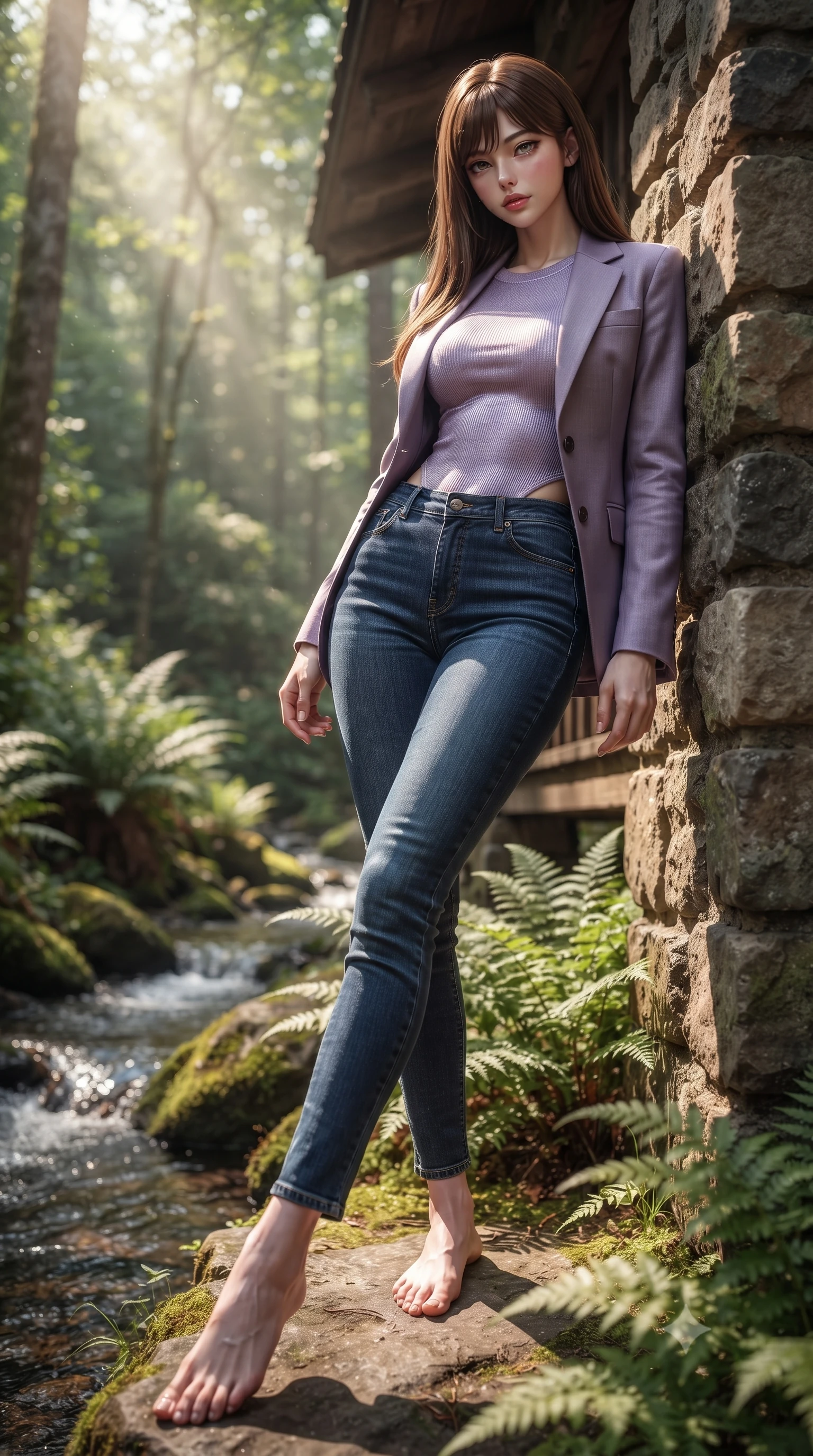 score_9, masterpiece, best quality, ultra-detailed, high-budget anime keyframe, editorial fashion photography, tasteful artistic composition, Korean woman. low angle full-body shot from head to toe showing her feet, filling the entire 9:16 vertical frame with her statuesque presence, stretching her vertical silhouette. leaning back against a rustic stone wall, casting a slow, alluring gaze at the camera the background shows a soft-focus a secluded forest stream cabin porch next to wild ferns and mossy rocks. She has an absolutely perfect, statuesque 8.5-heads proportion, an exceptionally tall and slender model-like female figure with impossibly long slender legs and an ultra-slim waist. sharp v-shaped jawline, high-bridge nose, intricate jewel-like eyes with depth, thick eyelashes, glossy lips with a natural sheen. wearing a tailored tight-fitting lavender knit bodysuit worn under a tailored open blazer and jeans. dappled sunbeams reflecting off the moving water surface onto her form. ultra-reflective glossy finish, specular highlights, metallic sheen, high-contrast stereoscopic depth, volumetric dynamic lighting, 2k, ultra detail, master piece, 9:16 ratio