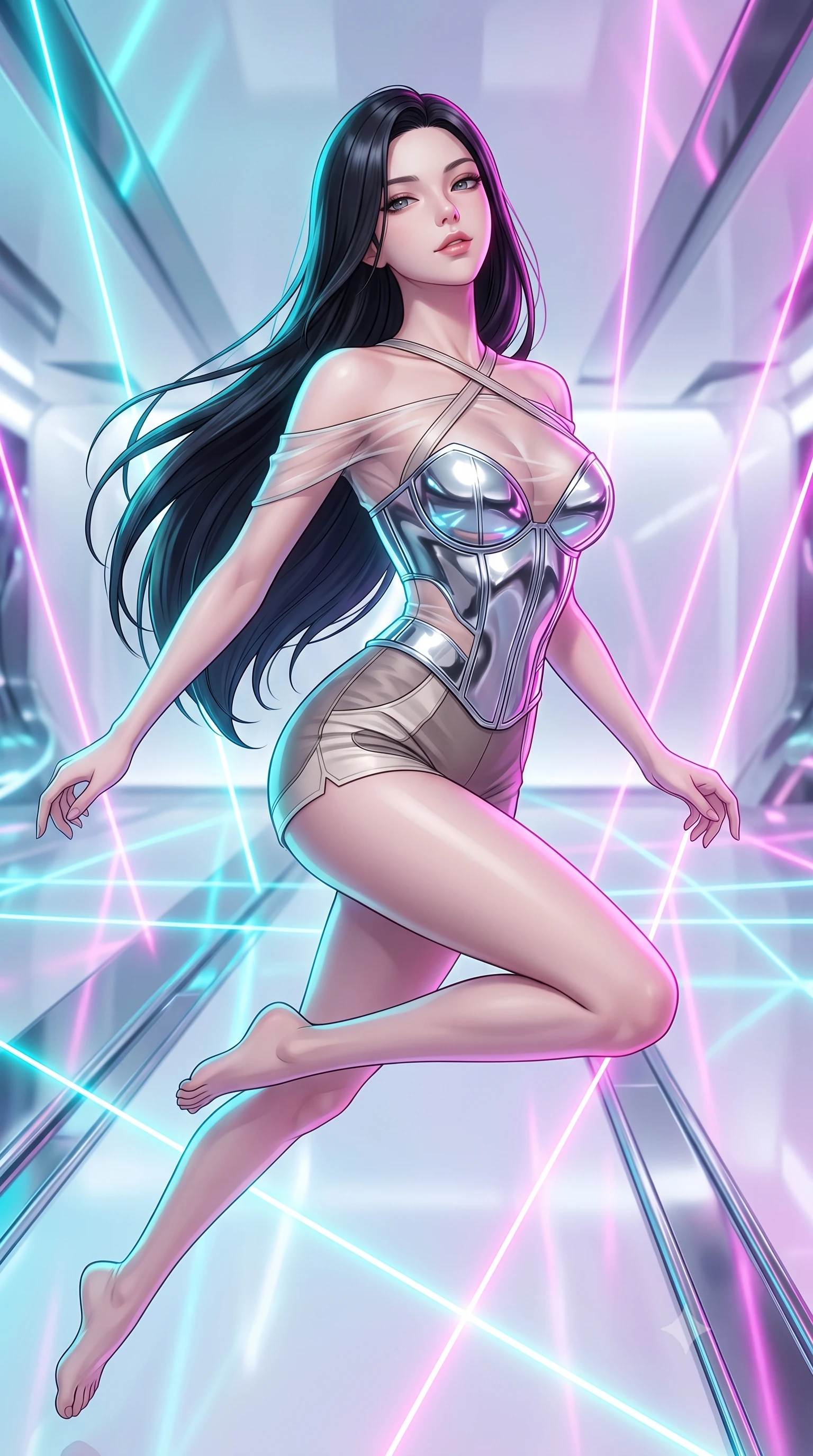score_9, masterpiece, best quality, ultra-detailed, high-budget anime keyframe, editorial fashion photography, tasteful artistic composition, Korean woman. close-up cowboy shot from the waist and thighs up, the character dominates the composition, filling the frame with her large presence, background elements kept in soft focus. Tilting her chin up with an air of effortless superiority while balancing dynamically amidst the scene while leaping across a grid of shifting laser beams while turning to gaze at the camera, sleek reflective white and chrome surfaces emphasizing ultra-clean lines. She has an exceptionally elegant, slender, and willowy female figure with an ultra-slim waist, a gracefully sculpted slender torso, and a refined silhouette. sharp v-shaped jawline, high-bridge nose, intricate jewel-like eyes with depth, thick eyelashes, glossy lips with a natural sheen, flawlessly proportioned anatomical accuracy, natural body alignment, perfectly sculpted elegant limbs, clean dynamic posture without body distortion. wearing a chrome-plated structured bodice worn over a sheer mesh top and micro-shorts in muted taupe and soft ivory, woven from fine semi-opaque sheer organza, complemented by criss-cross back straps highlighting her bare shoulders, the form-contouring material highlighting her ultra-slim waist and long lines. bathed in brilliant neon cyan and magenta rim light with clean white key light. highly saturated vibrant anime colors, detailed shading with soft gradients, rich glossy textures, high-contrast stereoscopic depth, volumetric dynamic lighting, master piece, 9:16 ratio