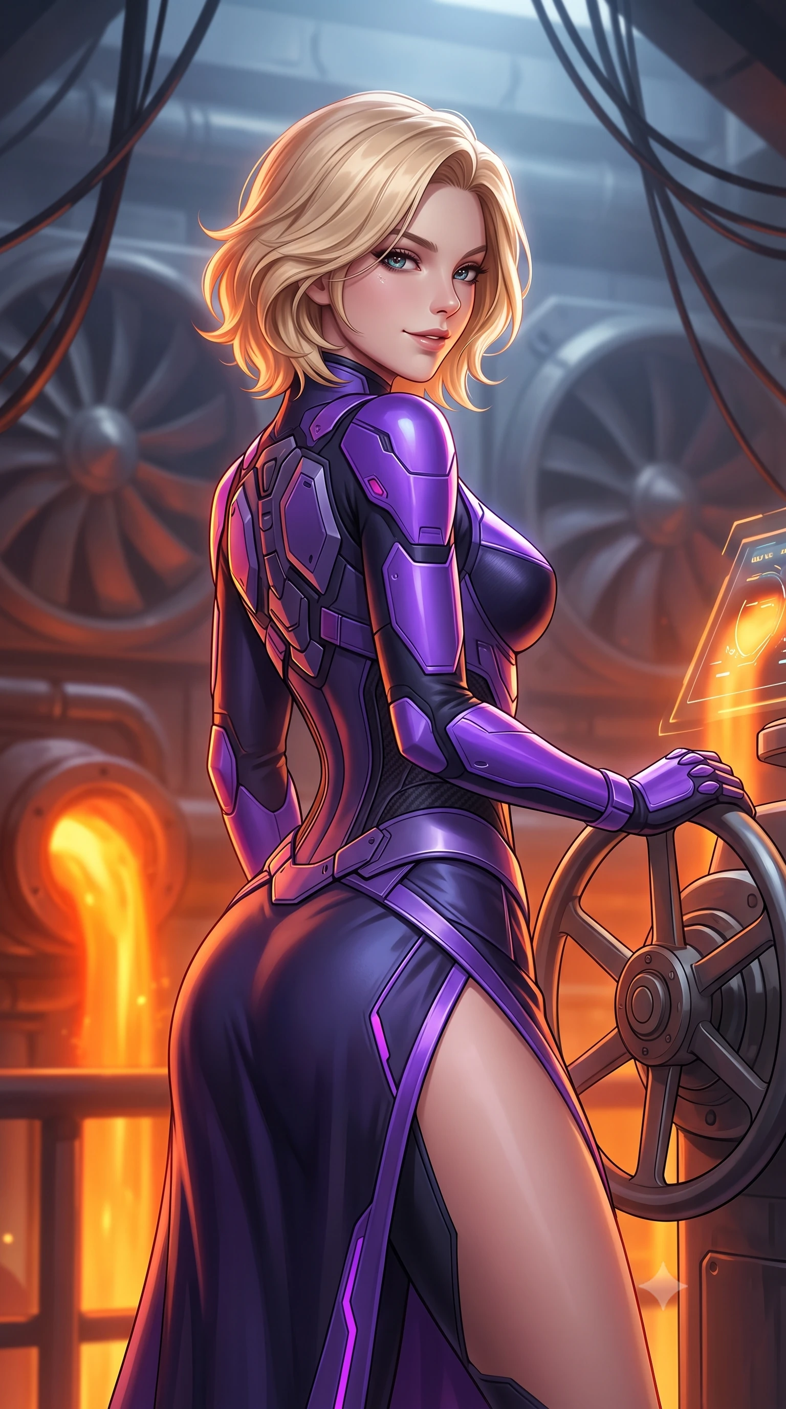 score_9, masterpiece, best quality, ultra-detailed, high-budget anime keyframe, semi-realistic 3D game render, editorial fashion photography, tasteful artistic composition, Caucasian woman. close-up cowboy shot from the waist and thighs up, the character dominates the composition, filling the frame with her large presence. turning slowly with a smoldering smile, her sleek hair catching the cockpit HUD rim light as her hips angle gracefully in a captivating contrapposto while resting one hand on the control valve wheel while glancing back, her tight thermal combat suit hugging her narrow waist and curvy hips. The background shows a soft-focus massive industrial ventilation fans and hanging power cables softened in monumental terraforming facility shallow focus. She has an exceptionally elegant, slender, and willowy female figure with an ultra-slim waist, flat toned midriff, narrow ribcage, and sculpted feminine hips creating an alluring, slim hourglass silhouette without bulk. sharp v-shaped jawline, high-bridge nose, intricate jewel-like sparkling eyes with depth, thick eyelashes, glossy parted lips with a natural sheen, bright confident smile with an enchanting and coquettish sensual glint, exuding both youthful magnetic charm and sovereign high-tech allure, flawlessly proportioned anatomical accuracy, strict slender model proportions, natural body alignment, perfectly sculpted long slender limbs, ultra-slim waistline, clean dynamic posture without body distortion. wearing a cyber-samurai tactical suit featuring a shortened carbon chestplate and high-slit armored wrap skirt in neon electric violet and deep space obsidian, tailored from brushed aeronautical titanium alloy with matte satin sheen, finished with delicate carbon-fiber boning framing the narrow waistline, the liquid-tight tailored fabric clinging flawlessly to her narrow waist and rounded feminine hips, emphasizing every millimeter of her sculpted slim hourglass curves without any bulky heaviness. bathed in dynamic fiery orange and molten amber glow from geothermal pipes contrasting with cool shadows. highly saturated vibrant anime colors, detailed shading with soft gradients, rich glossy textures, high-contrast stereoscopic depth, volumetric dynamic lighting, master piece, 9:16 ratio