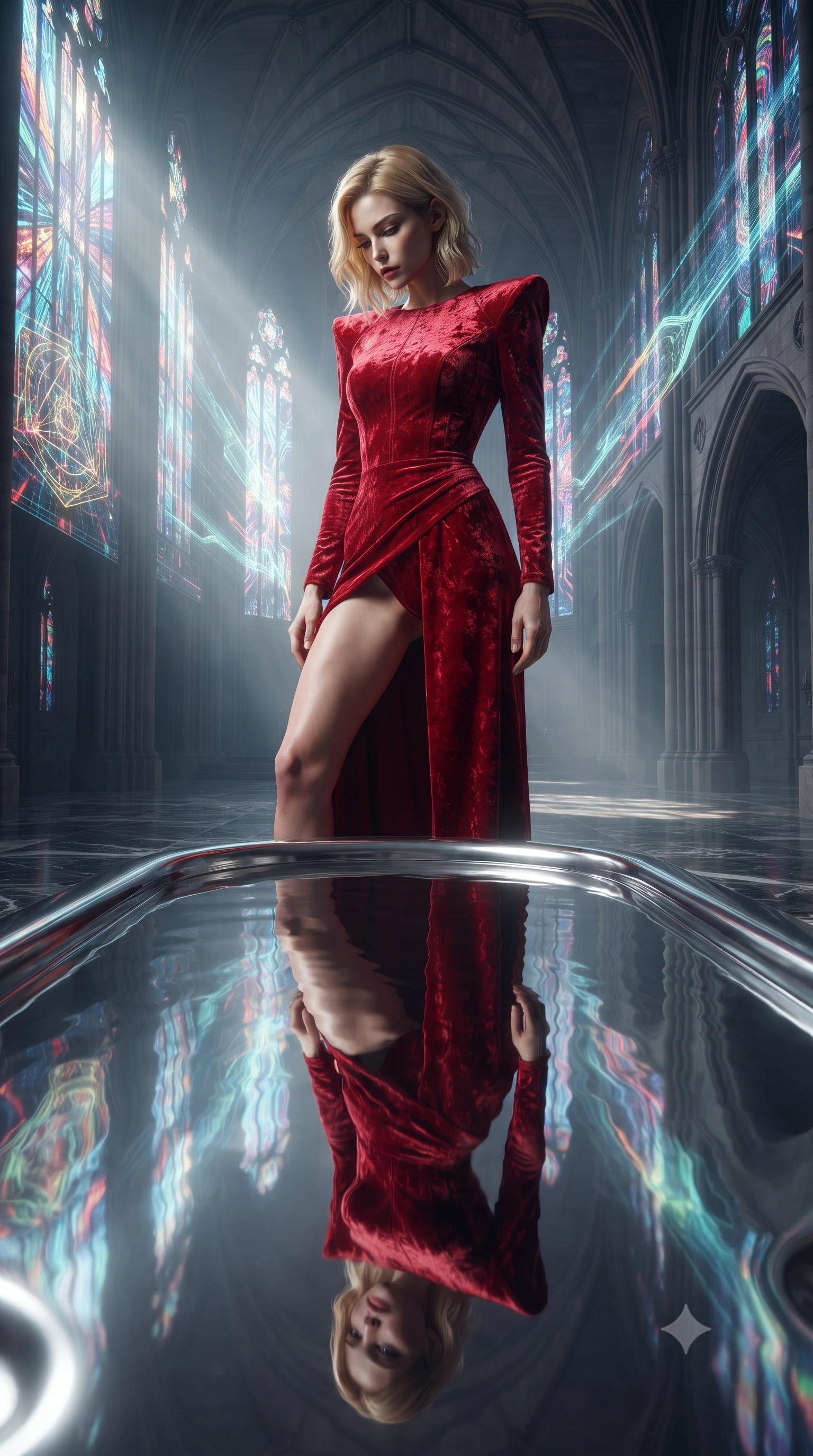 score_9, masterpiece, best quality, ultra-detailed, High-budget Anime Keyframe, editorial fashion photography, tasteful artistic composition, realistic cosplay photography, Caucasian woman, strictly human ears. Low angle cowboy shot filling the entire 9:16 frame with her statuesque presence. Scenario 425: gazing at her reflection in a pool of liquid silver in a futuristic cathedral with holographic stained-glass windows. Her presence is magnetic and overpowering in this high-budget cinematic scene. Outfit 425: a tailored crimson red crushed velvet bodysuit featuring a high-slit skirt and structured shoulders. The clothing is designed to emphasize her exceptionally tall and slender 8-heads proportion. 8-heads proportion, towering silhouette, ultra-slim waist. sharp v-shaped jawline, intricate jewel-like eyes with depth, thick eyelashes, glossy lips. ultra-reflective glossy finish, specular highlights, metallic sheen, high-contrast stereoscopic depth, volumetric dynamic lighting, 2k, ultra detail, master piece, 9:16 ratio