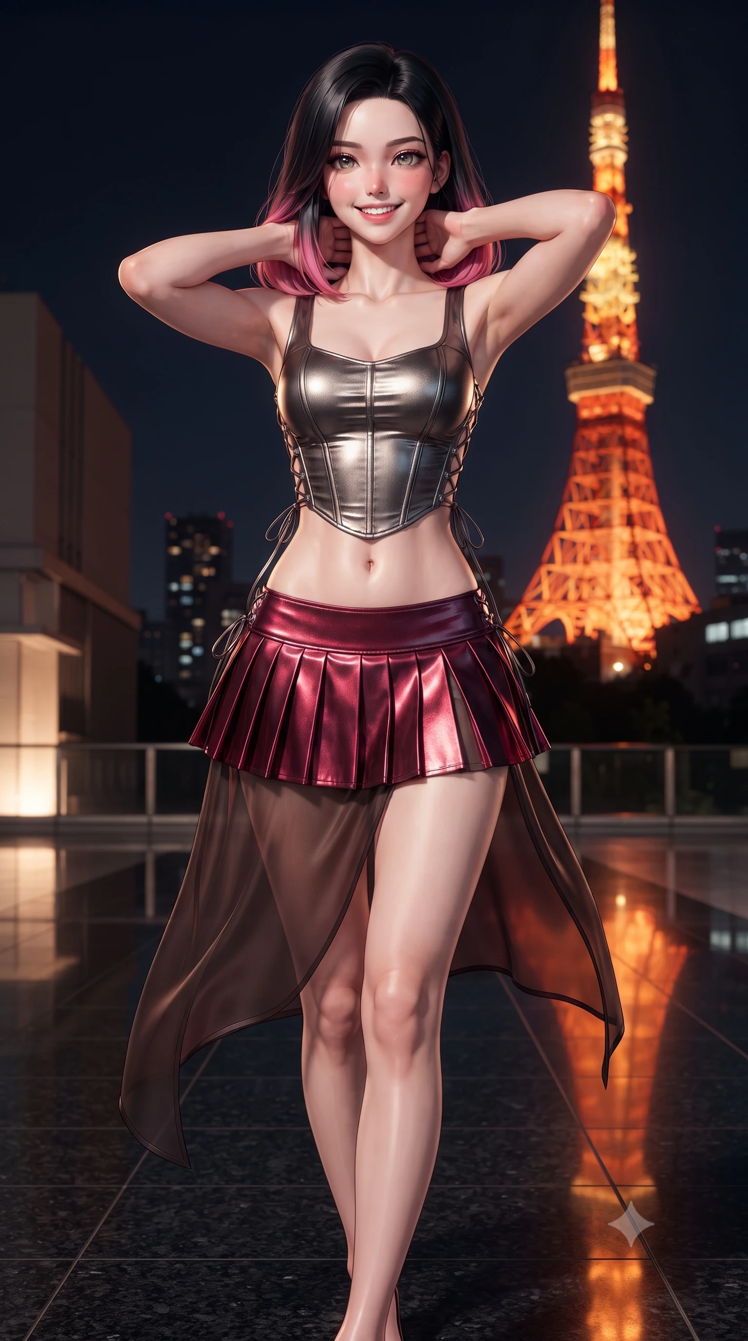 score_9, masterpiece, best quality, ultra-detailed, high-budget anime keyframe, editorial fashion photography, tasteful artistic composition, Korean woman. close-up cowboy shot from the waist and thighs up, the character dominates the composition, filling the frame with her large presence. resting both hands lightly behind her neck with elbows raised, arching her spine to highlight her narrow waist, flat midriff, and breathtaking collarbones while walking slowly across the polished black granite floor with confident model strides, her high-slit dress revealing her slender legs. The surrounding environment is rendered in vivid detail and crisp panoramic clarity: detailed wet-look vinyl bustier texture, sheer wrap mini skirt drape, and architectural precision in high resolution. She has an exceptionally elegant, slender, and willowy female figure with an ultra-slim waist, flat toned midriff, narrow ribcage, and sculpted feminine hips creating an alluring, slim hourglass silhouette without bulk. sharp v-shaped jawline, high-bridge nose, intricate jewel-like sparkling eyes with depth, thick eyelashes, glossy parted lips with a natural peach sheen, bright cheerful beaming smile with an enchanting and coquettish sensual glint, exuding both youthful cute charm and seductive allure, flawlessly proportioned anatomical accuracy, strict slender model proportions, natural body alignment, perfectly sculpted long slender limbs, ultra-slim waistline, clean dynamic posture without body distortion. wearing a structured metallic corset crop top with boned waist paired with a low-rise pleated metallic micro-skirt in rich ruby crimson and dark brushed titanium, made of semi-opaque stretch illusion mesh with soft shadowy contours along her waist, featuring fine criss-cross lace-up side ties revealing tantalizing glimpses of her hip curve, the high-slit wrap tailoring accentuating her ultra-slim waistline and the enchanting curve of her feminine hips with alluring seductive charm. bathed in the warm radiant orange-scarlet beacon glow of Tokyo Tower contrasted with deep midnight sky. ultra-reflective glossy finish, specular highlights, rich textural contrasts, high-contrast stereoscopic depth, volumetric dynamic lighting, 2k, ultra detail, master piece, 9:16 ratio