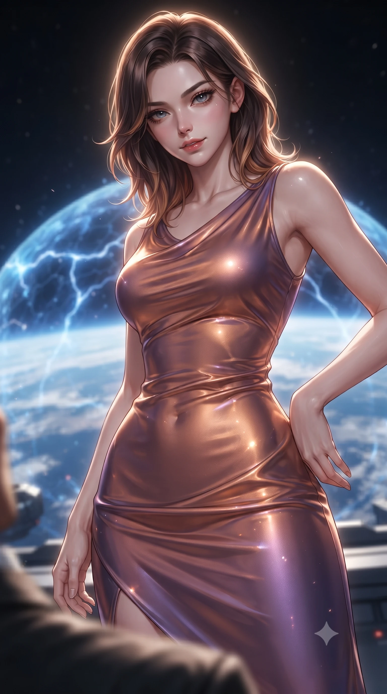 score_9, masterpiece, best quality, ultra-detailed, high-budget anime keyframe, editorial fashion photography, tasteful artistic composition, realistic cosplay photography, Korean woman. close-up cowboy shot from the waist and thighs up, the character dominates the composition, filling the frame with her large presence, background elements kept in soft focus. Looking down at the opponent with quiet, menacing intensity and a cold half-smile. set against a soft-focus background of a high-altitude platform overlooking earth, where a blue dome shield pulses with defensive energy arcs. She has an exceptionally elegant and slender, willowy female figure with an ultra-slim waist, a gracefully sculpted slender torso, and a refined slim physique. sharp v-shaped jawline, high-bridge nose, intricate jewel-like eyes with depth, thick eyelashes, glossy lips with a natural sheen. wearing catching and diffusing the glowing particles, shimmering softly in response to the surrounding light, a slim-fit draped jersey dress in a shifting copper and violet gradient, the fluid fabric clinging to her slender waist with every movement. dramatic backlight creating a radiant halo effect around her entire silhouette. ultra-reflective glossy finish, specular highlights, metallic sheen, high-contrast stereoscopic depth, volumetric dynamic lighting, 2k, ultra detail, master piece, 9:16 ratio