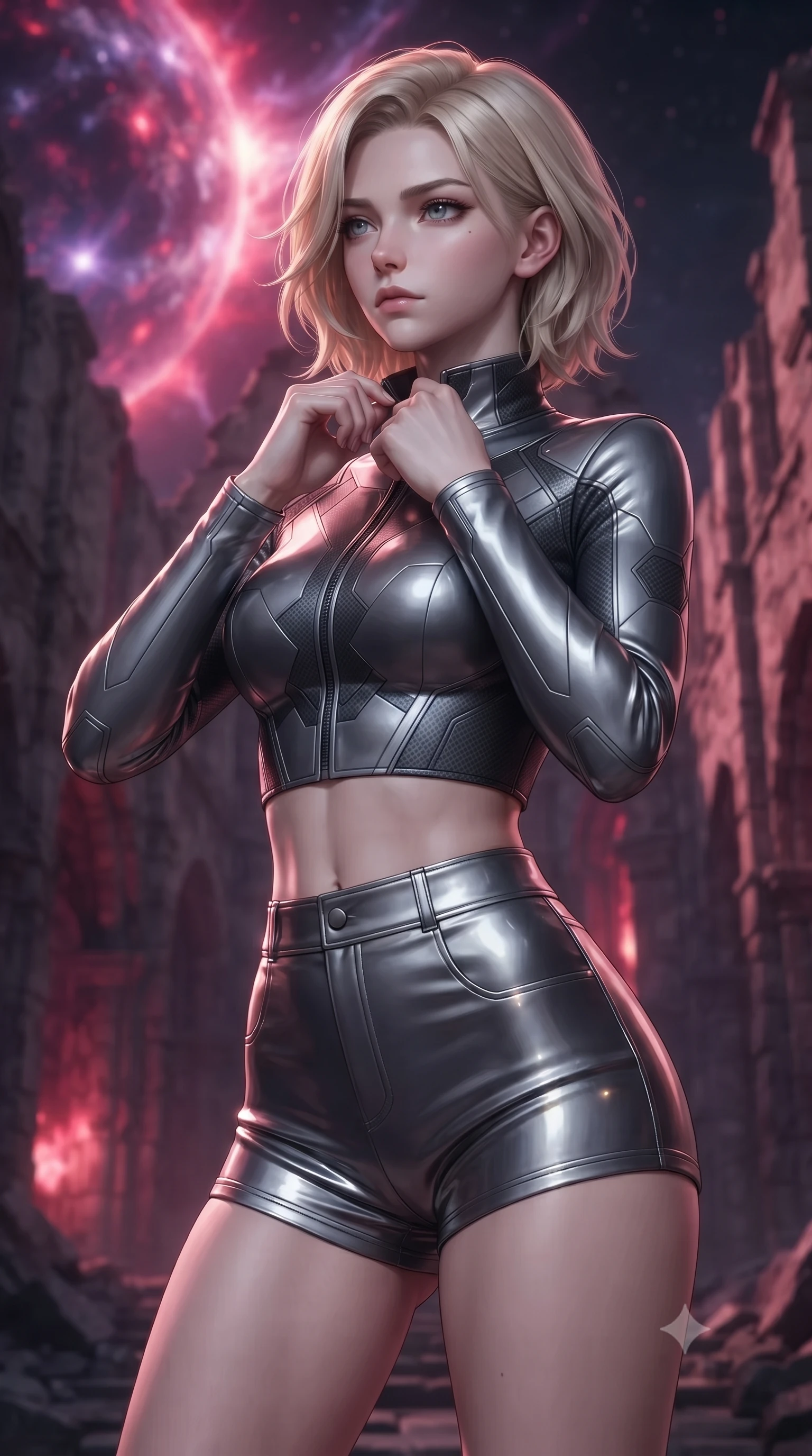 score_9, masterpiece, best quality, ultra-detailed, high-budget anime keyframe, editorial fashion photography, tasteful artistic composition, Caucasian woman. close-up cowboy shot from the waist and thighs up, the character dominates the composition, filling the frame with her large presence, background elements kept in soft focus. adjusting the high collar of her body-hugging suit, looking past the camera with quiet, sharp focus and a composed expression, the background shows a soft-focus a ruined space cathedral built next to a massive dying star supernova. She has an exceptionally elegant, slender, and willowy female figure with an ultra-slim waist, a gracefully sculpted slender torso, and a refined silhouette. sharp v-shaped jawline, high-bridge nose, intricate jewel-like eyes with depth, thick eyelashes, glossy lips with a natural sheen. wearing a tailored chic off-shoulder carbon-plate crop top, paired with high-waisted utility micro-shorts. the dying star supernova casting deep crimson highlights on the stone walls. ultra-reflective glossy finish, specular highlights, metallic sheen, high-contrast stereoscopic depth, volumetric dynamic lighting, 2k, ultra detail, master piece, 9:16 ratio