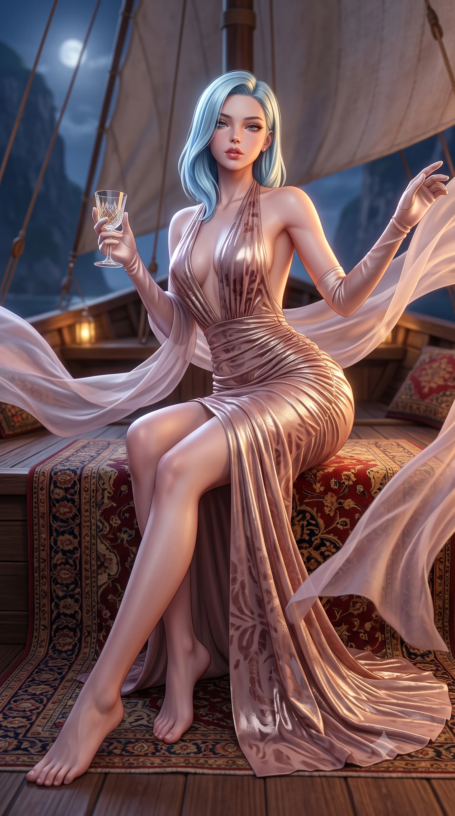 score_9, masterpiece, best quality, ultra-detailed, high-budget anime keyframe, semi-realistic 3D game render, editorial fashion photography, tasteful artistic composition, Korean woman. low angle full-body shot from head to toe showing her feet, filling the entire 9:16 vertical frame with her statuesque presence, stretching her vertical silhouette. reclining on her side in an elegant Cleopatra pose with one knee drawn up, the dramatic contour of her rounded hips and long slender legs commanding the 9:16 vertical frame while standing poised on the bowsprit deck with night winds billowing her sheer silk wrap, long slender legs and narrow waist commanded by cliffs. The composition keeps background elements in soft focus with creamy bokeh. billowing canvas dhow sails and embroidered oriental carpets softened in cinematic shallow focus. She has an exceptionally tall and slender model-like 8.5-heads proportion, an ultra-slim waist, a flat toned midriff, narrow delicate ribcage, and beautifully sculpted feminine hips creating a graceful, slim hourglass silhouette without any bulky heaviness, with impossibly long slender legs. sharp v-shaped jawline, high-bridge nose, intricate jewel-like eyes with depth, thick eyelashes, glossy parted lips with a natural sheen, intensely captivating and seductive bedroom-eyes expression, flawlessly proportioned anatomical accuracy, strict slender model proportions, natural body alignment, perfectly sculpted long slender limbs, ultra-slim waistline, clean dynamic posture without body distortion. wearing a plunging halter-neck metallic lamé column dress with a dramatic bare spine and hip-defining ruching in dusky blush rose and champagne shimmer, made of sheer contouring power-mesh with velvet flocking patterns, accessorized with opera-length satin gloves and a vintage crystal glass, the form-contouring material adhering flawlessly to her sculpted flat midriff and slender torso, emphasizing her long leg lines and perfectly proportioned willowy build. illuminated by intense golden specular reflections sculpting her bare collarbones, ultra-slim waist, and curvy hips. highly saturated vibrant anime colors, detailed shading with soft gradients, rich glossy textures, high-contrast stereoscopic depth, volumetric dynamic lighting, master piece, 9:16 ratio