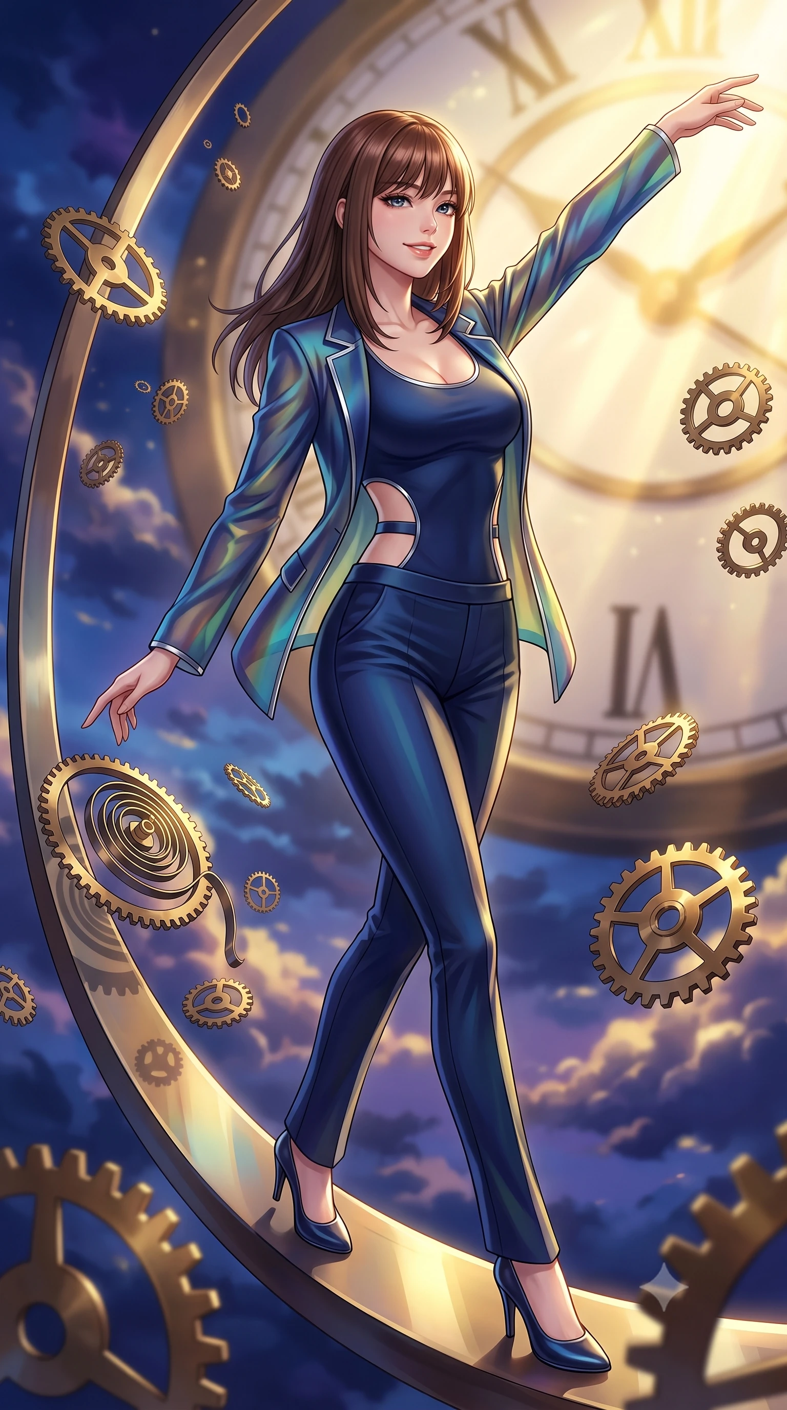score_9, masterpiece, best quality, ultra-detailed, high-budget anime keyframe, editorial fashion photography, tasteful artistic composition, Korean woman. close-up cowboy shot from the waist and thighs up, the character dominates the composition, filling the frame with her large presence, background elements kept in soft focus. Extending one arm in an elegant stretch toward the light while smiling with magnetic self-assurance while stepping along a curved clockwork pendulum arm under a dramatic twilight sky, floating brass gears and clocksprings casting intricate metallic reflections. She has an exceptionally elegant, slender, and willowy female figure with an ultra-slim waist, a gracefully sculpted slender torso, and a refined silhouette. sharp v-shaped jawline, high-bridge nose, intricate jewel-like eyes with depth, thick eyelashes, glossy lips with a natural sheen, flawlessly proportioned anatomical accuracy, natural body alignment, perfectly sculpted elegant limbs, clean dynamic posture without body distortion. wearing a tailored silk blazer over a form-contouring scoop-neck top and slacks in midnight navy blue and chrome trim, crafted from iridescent chiffon that shifts colors in the light, featuring clean architectural cutouts along her slender torso, the sleek second-skin texture accentuating her magnetic presence. illuminated by a brilliant golden hour glow filtering through clockwork dials. highly saturated vibrant anime colors, detailed shading with soft gradients, rich glossy textures, high-contrast stereoscopic depth, volumetric dynamic lighting, master piece, 9:16 ratio