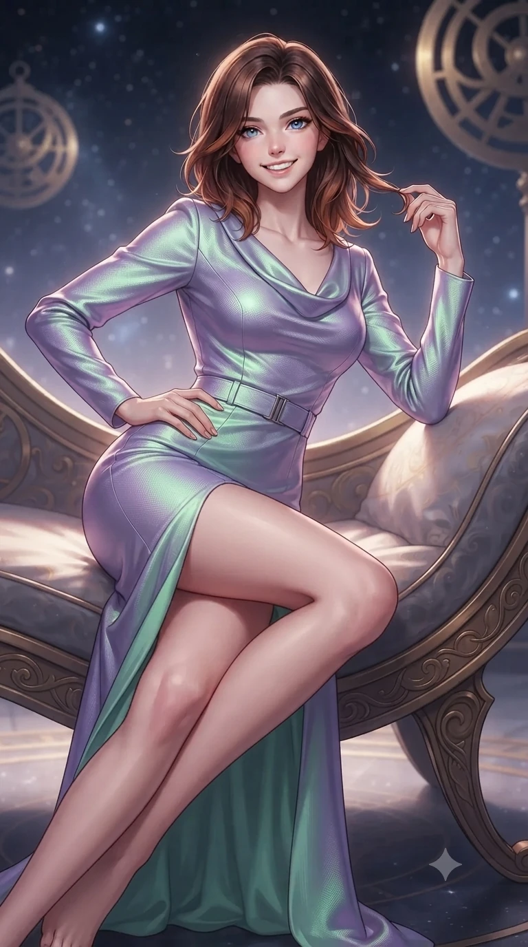 score_9, masterpiece, best quality, ultra-detailed, high-budget anime keyframe, editorial fashion photography, tasteful artistic composition, Korean woman. close-up cowboy shot from the waist and thighs up, the character dominates the composition, filling the frame with her large presence. twisting her slender torso in an alluring contrapposto stance, one hand resting on her sculpted hip while her fingers toy with her hair with effortless poise while lounging gracefully across the curved astronomical daybed propped on one elbow with legs extended, displaying her long slender limbs and statuesque hourglass silhouette. The background shows a soft-focus cosmic particulate glow softened in celestial astrolabe observatory shallow focus. She has an exceptionally elegant, slender, and willowy female figure with an ultra-slim waist, flat toned midriff, narrow ribcage, and sculpted feminine hips creating an alluring, slim hourglass silhouette without bulk. sharp v-shaped jawline, high-bridge nose, intricate jewel-like sparkling eyes with depth, thick eyelashes, glossy parted lips with a natural peach sheen, bright cheerful beaming smile with an enchanting and coquettish sensual glint, exuding both youthful cute charm and seductive allure, flawlessly proportioned anatomical accuracy, strict slender model proportions, natural body alignment, perfectly sculpted long slender limbs, ultra-slim waistline, clean dynamic posture without body distortion. wearing a refined long-sleeve cowl-neck satin evening gown with modest draped neckline and tailored waistline in phosphorescent ultraviolet amethyst and mint green, woven from structured carbon-fiber jacquard with rich textural depth, finished with sleek magnetic buckle closures fluttering in the breeze, the impeccably tailored cut draping gracefully along her slender figure with aristocratic poise. illuminated by polished brass reflection bounce and sharp starlight-gold rim lights defining her razor-sharp jawline, narrow waist, and curvy hips. ultra-reflective glossy finish, specular highlights, rich textural contrasts, high-contrast stereoscopic depth, volumetric dynamic lighting, 2k, ultra detail, master piece, 9:16 ratio