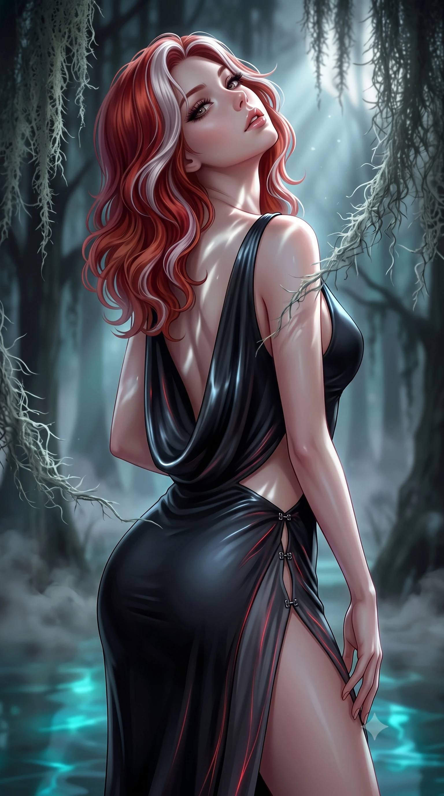 score_9, masterpiece, best quality, ultra-detailed, high-budget anime keyframe, semi-realistic 3D game render, editorial fashion photography, tasteful artistic composition, Caucasian woman. close-up cowboy shot from the waist and thighs up, the character dominates the composition, filling the frame with her large presence. tilting her head back with a sensual alluring expression, exposing her throat and shoulders to the camera with heavy lashes and softly parted glossy lips while biting her lower lip with a dangerous, tempting smolder while pivoting dynamically amidst hanging Spanish moss as moonbeams dance across her bare throat and clavicle. The composition keeps background elements in soft focus with creamy bokeh. swamp cypress silhouettes and drifting water vapor softened by heavy atmospheric shallow focus. She has an exceptionally elegant, slender, and willowy female figure with an ultra-slim waist, a gracefully sculpted slender torso, toned flat midriff, and a refined slim silhouette. sharp v-shaped jawline, high-bridge nose, intricate jewel-like eyes with depth, thick eyelashes, glossy lips with a natural sheen, flawlessly proportioned anatomical accuracy, strict slender model proportions, natural body alignment, perfectly sculpted long slender limbs, ultra-slim waistline, clean dynamic posture without body distortion. wearing a precision-fitted liquid jersey bodycon dress in obsidian black with a dramatic draped cowl back that swoops down to her waist and a high side slit in smoky charcoal grey and glowing crimson filaments, made of liquid metal jersey that clings flawlessly to every contour of her build, finished with an ultra-high side slit secured by miniature magnetic clasps, the precision-cut daring openings accentuating her delicate midriff, graceful bare collarbones, and ultra-slim feminine waistline. bathed in pale silver moonlight backlighting and eerie cyan water refractions. rich saturated anime colors with deep moody shadows, detailed chiaroscuro shading with soft gradients, rich glossy textures, high-contrast stereoscopic depth, volumetric dynamic shadow lighting, master piece, 9:16 ratio