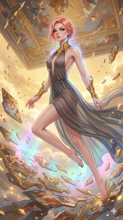 score_9, masterpiece, best quality, ultra-detailed, high-budget anime keyframe, Japanese woman. upper body close-up from the thighs up, character filling the screen for maximum presence. propelling herself off digital baroque ceiling fresco shards th