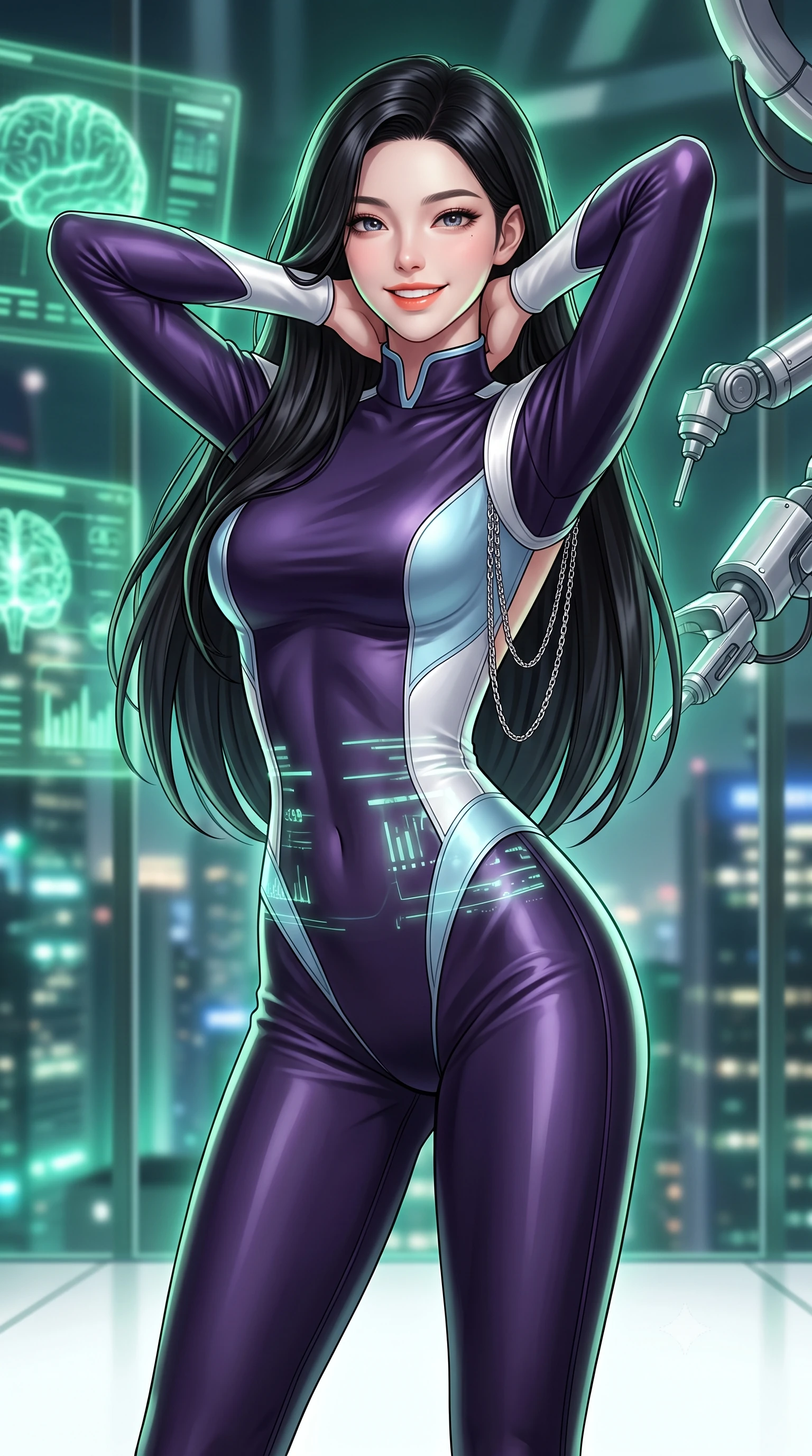 score_9, masterpiece, best quality, ultra-detailed, high-budget anime keyframe, semi-realistic 3D game render, editorial fashion photography, tasteful artistic composition, Korean woman. close-up cowboy shot from the waist and thighs up, the character dominates the composition, filling the frame with her large presence. resting both hands lightly behind her neck with elbows raised, arching her spine to highlight her narrow waist, flat midriff, and breathtaking collarbones while twisting her slender torso in an alluring S-curve, soft mint-green neurological telemetry streams projecting holographic charts across her flat midriff and hips. The background shows a soft-focus glowing green neurological holographic displays, articulated chrome surgical laser pods, and panoramic city lights through glass blurred into emerald, platinum, and cobalt bokeh. She has an exceptionally elegant, slender, and willowy female figure with an ultra-slim waist, flat toned midriff, narrow ribcage, and sculpted feminine hips creating an alluring, slim hourglass silhouette without bulk. sharp v-shaped jawline, high-bridge nose, intricate jewel-like sparkling eyes with depth, thick eyelashes, glossy parted lips with a natural peach sheen, bright cheerful beaming smile with an enchanting and coquettish sensual glint, exuding both youthful cute charm and seductive allure, flawlessly proportioned anatomical accuracy, strict slender model proportions, natural body alignment, perfectly sculpted long slender limbs, ultra-slim waistline, clean dynamic posture without body distortion. wearing a form-fitting orbital flight command jumpsuit in dark purple liquid satin with a high collar, contouring tightly to her narrow waist and feminine hips in arctic cryo-glacier ice blue and platinum white, made of fluid liquid jersey with seamless sculpting hold and smooth contours, accented with an open-back drape framed by falling strands of delicate chrome chains, the bespoke structured tailoring following the natural line of her 8.5-heads silhouette with refined elegance. illuminated by white floor reflection bounce and sharp platinum-green rim lights defining her jawline, narrow waist, and curvy hips. highly saturated vibrant anime colors, detailed shading with soft gradients, rich glossy textures, high-contrast stereoscopic depth, volumetric dynamic lighting, master piece, 9:16 ratio