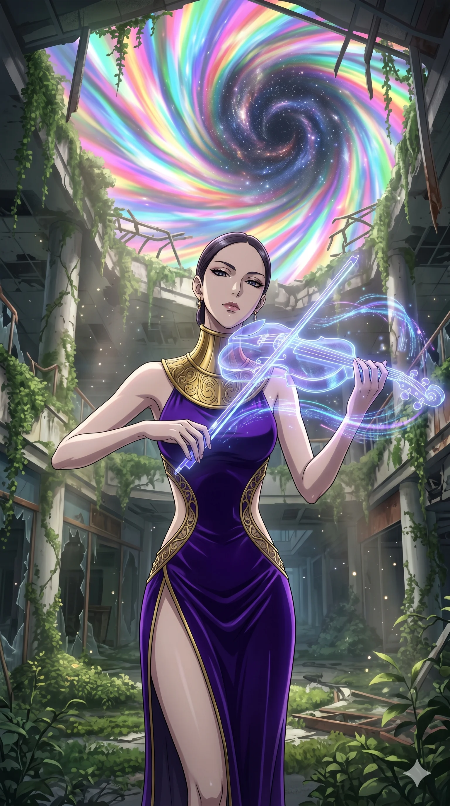 score_9, masterpiece, best quality, ultra-detailed, Set A: High-budget Anime Keyframe, Japanese woman. Upper body close-up from the thighs up, character filling the screen for maximum presence. Theme: Historical Remix. playing a holographic violin in a ruined overgrown shopping mall, with a look of serene power as the sky splits into 138 colors. The atmosphere is filled with a swirling vortex of stars. She has an absolutely perfect 8-heads proportion, an exceptionally tall and slender female figure with impossibly long slender legs and an ultra-slim waist. Sharp v-shaped jawline, high-bridge nose, intricate jewel-like eyes with depth, glossy lips. Wearing Royal purple velvet gown with a massive gold-engraved neck-piece and open sides. Cinematic lighting, vivid colors, dramatic shadows, 2k, ultra detail, master piece, 9:16 ratio