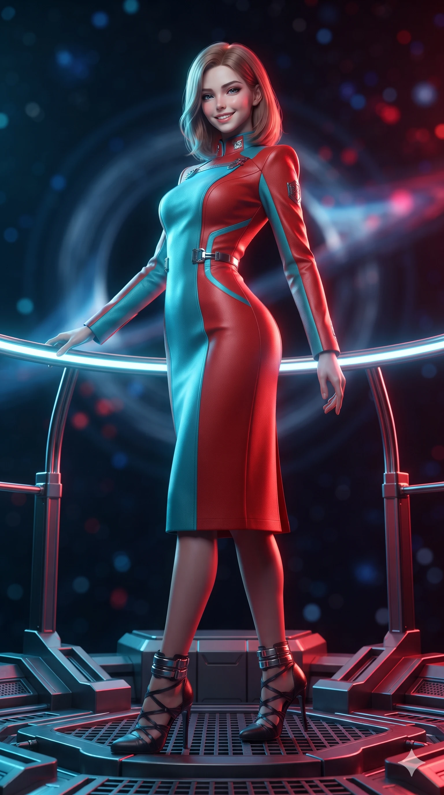 score_9, masterpiece, best quality, ultra-detailed, high-budget anime keyframe, editorial fashion photography, tasteful artistic composition, Korean woman. low angle full-body shot from head to toe showing her feet, filling the entire 9:16 vertical frame with her statuesque presence, stretching her vertical silhouette. standing in a tall, confident posture with one hand on a glowing metal railing, stretching her statuesque body as she arches her lower back to emphasize her sculpted feminine hips and slender waist while standing poised on the central instrumentation dais, arching her spine with sovereign ancient-future grace as relativistic blue-shifted light on one side and red-shifted light on the other illuminate her body. The background shows a soft-focus warped gravitational lensing rings, blue and crimson Doppler-shifted plasma waves, and distant star clusters blurred into sapphire, ruby, and obsidian bokeh. She has an absolutely perfect, statuesque 8.5-heads proportion, an exceptionally tall and slender model-like female figure with impossibly long slender legs, an ultra-slim waist, a flat toned midriff, narrow delicate ribcage, and beautifully sculpted feminine hips creating a graceful, slim hourglass silhouette without any bulky heaviness. sharp v-shaped jawline, high-bridge nose, intricate jewel-like sparkling eyes with depth, thick eyelashes, glossy parted lips with a natural sheen, bright confident smile with an enchanting and coquettish sensual glint, exuding both youthful magnetic charm and sovereign high-tech allure, flawlessly proportioned anatomical accuracy, strict slender model proportions, natural body alignment, perfectly sculpted long slender limbs, ultra-slim waistline, clean dynamic posture without body distortion. wearing a prestigious diplomatic high-neck sci-fi senate coat dress in structured nano-wool with polished titanium clasp hardware in cyber-shinto vermilion and laser turquoise, made of flexible bullet-resistant ballistic microfiber with high-tensile strength, complemented by strappy stiletto combat boots with metallic ankle wraps accentuating her slender calves, the impeccably tailored cut draping gracefully along her slender figure with aristocratic poise. bathed in dramatic split relativistic lighting: blazing electric cyan on the approaching side and fiery crimson on the receding side. ultra-reflective glossy finish, specular highlights, rich textural contrasts, high-contrast stereoscopic depth, volumetric dynamic lighting, 2k, ultra detail, master piece, 9:16 ratio