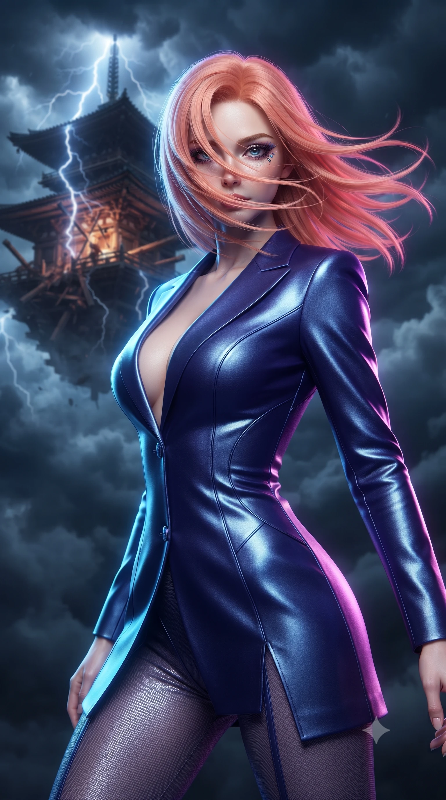 score_9, masterpiece, best quality, ultra-detailed, high-budget anime keyframe, editorial fashion photography, tasteful artistic composition, realistic cosplay photography, Japanese woman. close-up cowboy shot from the waist and thighs up, the character dominates the composition, filling the frame with her large presence, background elements kept in soft focus. Executing a sudden, fast pivot to face the camera, her hair whipping violently across her face. set against a soft-focus background of a wooden pagoda temple floating high in the sky among stormy clouds, wooden beams cracking under lightning pressure. She has an exceptionally elegant and slender, willowy female figure with an ultra-slim waist, a gracefully sculpted slender torso, and a refined slim physique. sharp v-shaped jawline, high-bridge nose, intricate jewel-like eyes with depth, thick eyelashes, glossy lips with a natural sheen. wearing tailored for maximum mobility, sleek form-contouring panels that allow fluid movement, a body-hugging tailored blazer dress in deep indigo, featuring a plunging neckline and a high-cut front hem. brilliant cinematic volumetric lighting with intense neon rim light outlining her form. ultra-reflective glossy finish, specular highlights, metallic sheen, high-contrast stereoscopic depth, volumetric dynamic lighting, 2k, ultra detail, master piece, 9:16 ratio