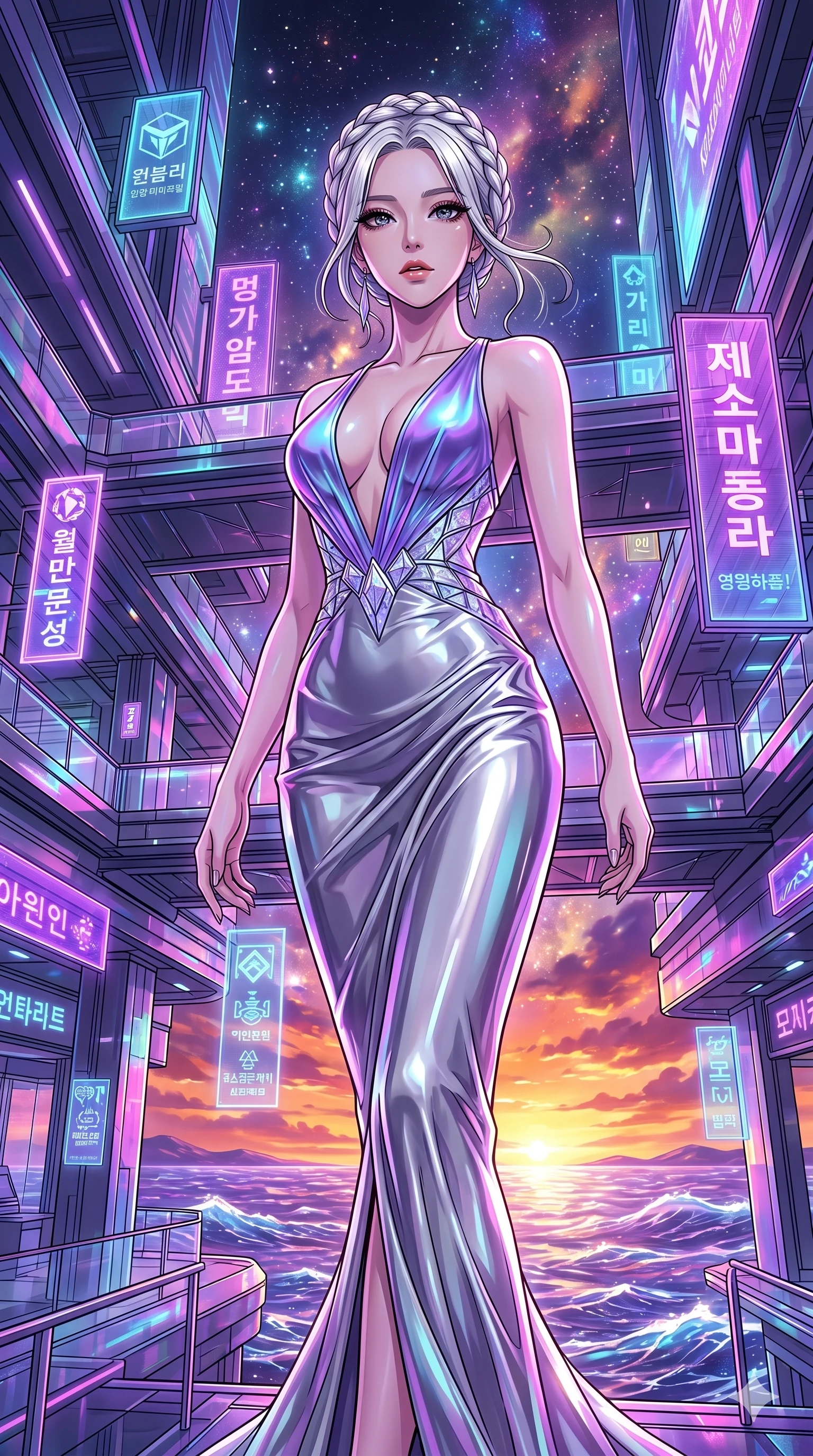 score_9, masterpiece, best quality, ultra-detailed, High-budget Anime Keyframe, vibrant colors, fluid line-art, expressive lighting, cinematic composition, Ufotable-style visual effects, top-tier animation quality, Korean woman with idol-like refined features. Dramatic low angle looking up at her majestic stature, dominating the vertical space of the composition. Gliding through a multi-level cyberpunk mall with vibrant neon reflections on every surface and holographic advertisements. She has an absolutely perfect 8-heads proportion, an exceptionally tall and slender female figure with impossibly long slender legs and an ultra-slim waist, her statuesque height and towering silhouette dominating the vertical 9:16 frame. Her face is a masterpiece featuring a sharp v-shaped jawline, high-bridge nose, intricate jewel-like eyes with depth, thick eyelashes, and glossy lips with a natural sheen. She is wearing a Liquid mercury fabric dress that clings perfectly to her every curve with a deep plunging neckline crafted from Iridescent vinyl with a futuristic sheen that shifts between violet and cyan, featuring a crystalline structure that catches the light and reveals her slender frame. The scene is set in a vibrant sunset over a futuristic crystalline ocean with waves made of liquid light, illuminated by flickering starlight and nebula glow providing a mystical and vast ambiance. 2k, ultra detail, master piece, 9:16 ratio