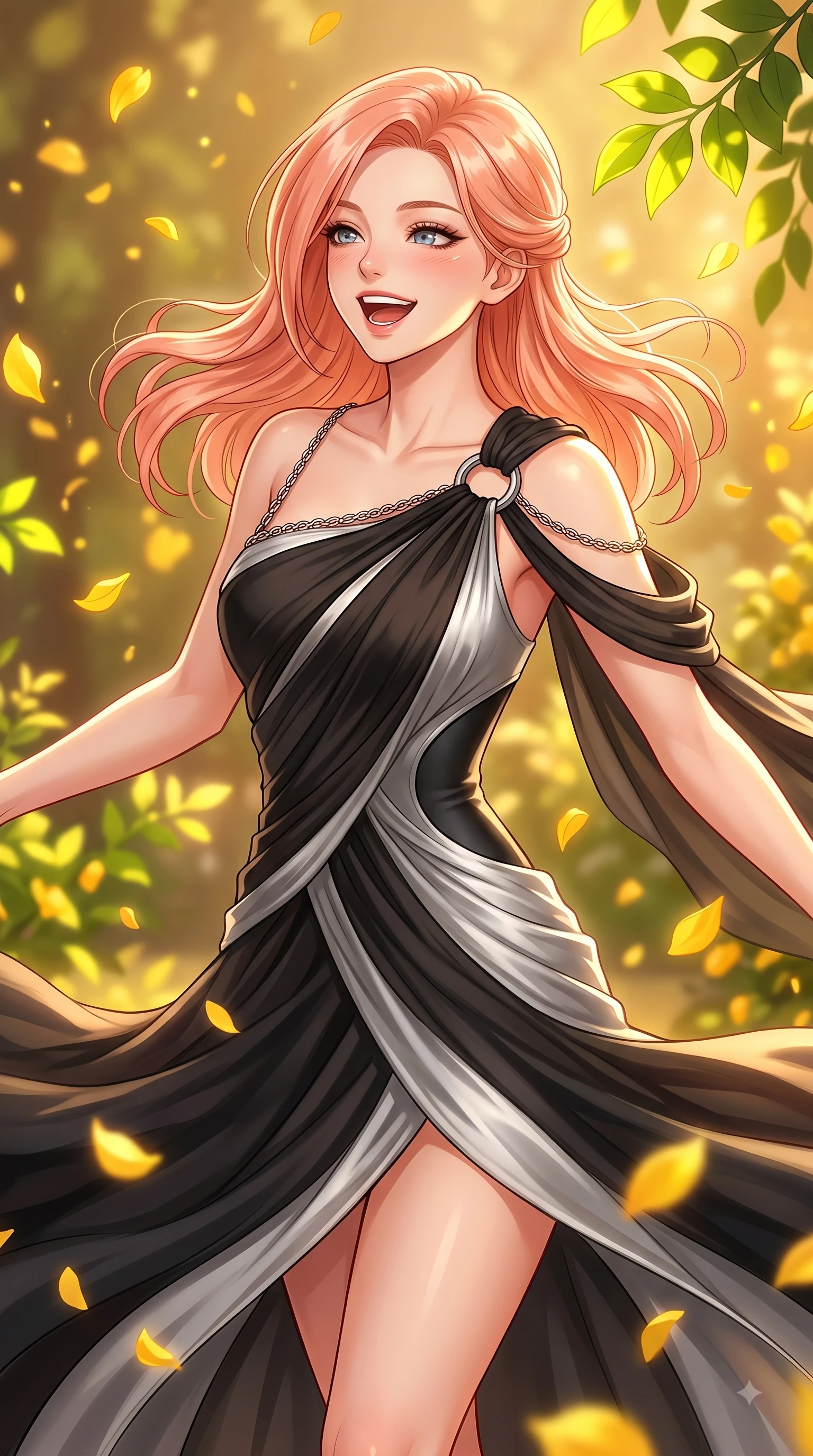 score_9, masterpiece, best quality, ultra-detailed, high-budget anime keyframe, editorial fashion photography, tasteful artistic composition, Japanese woman. close-up cowboy shot from the waist and thighs up, the character dominates the composition, filling the frame with her large presence, background elements kept in soft focus. Warm delightful smile while casting a playful, joyful side-gaze with heavy lashes and a glowing expression while spinning in mid-air with a delighted laughing expression as yellow petals rain around her, bright green leaves and golden petals casting cheerful organic stencil shadows. She has an exceptionally elegant, slender, and willowy female figure with an ultra-slim waist, a gracefully sculpted slender torso, and a refined silhouette. sharp v-shaped jawline, high-bridge nose, intricate jewel-like eyes with depth, thick eyelashes, glossy lips with a natural sheen, flawlessly proportioned anatomical accuracy, natural body alignment, perfectly sculpted elegant limbs, clean dynamic posture without body distortion. wearing an asymmetrical Grecian draped chiffon gown with a metallic shoulder ring in matte black and polished silver, formed from sleek second-skin neoprene, adorned with delicate metallic chain straps along the neckline, the form-contouring material highlighting her ultra-slim waist and long lines. surrounded by a vibrant, uplifting atmosphere filled with golden radiance. highly saturated vibrant anime colors, detailed shading with soft gradients, rich glossy textures, high-contrast stereoscopic depth, volumetric dynamic lighting, master piece, 9:16 ratio