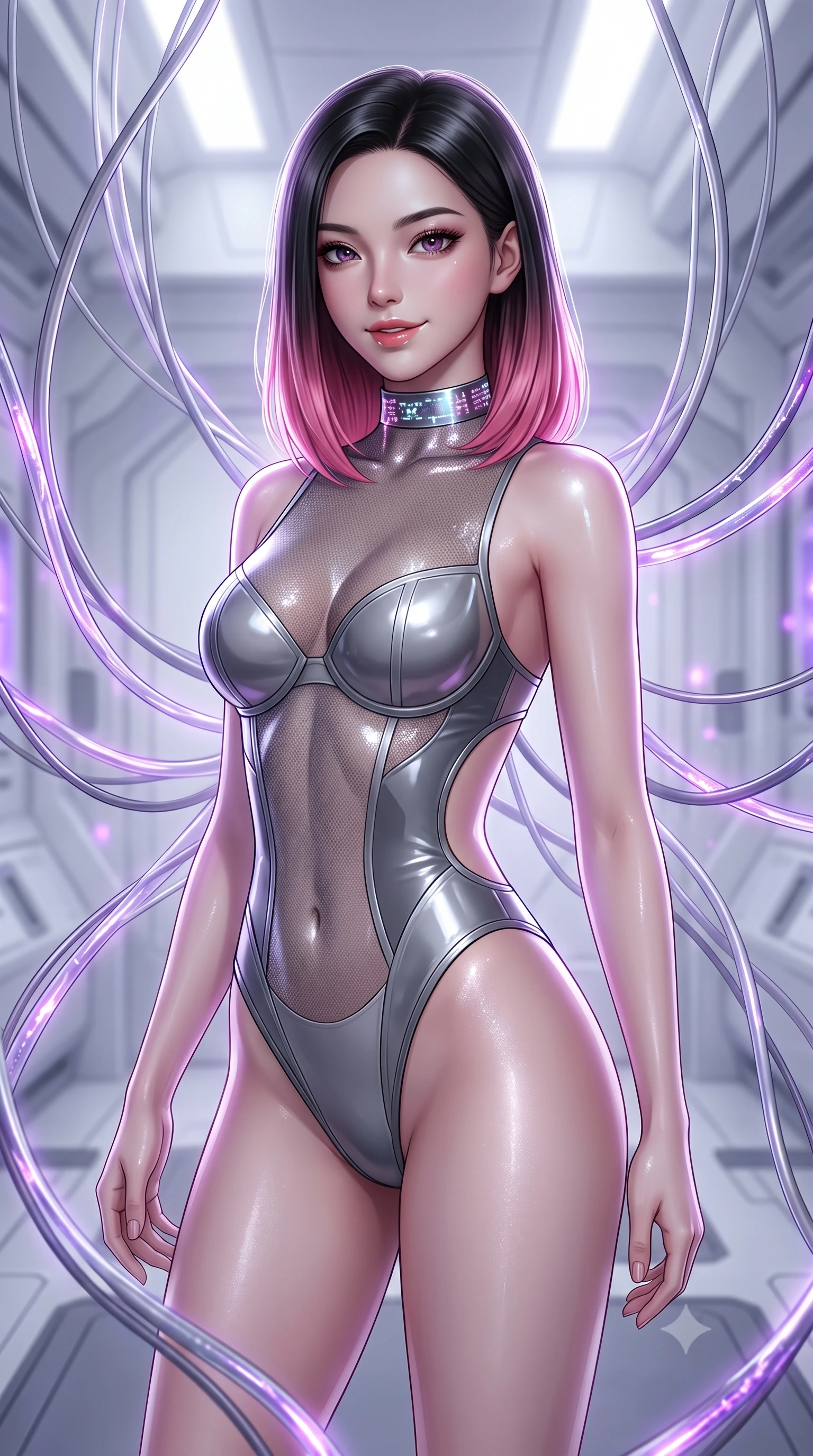 score_9, masterpiece, best quality, ultra-detailed, high-budget anime keyframe, semi-realistic 3D game render, editorial fashion photography, tasteful artistic composition, Korean woman. close-up cowboy shot from the waist and thighs up, the character dominates the composition, filling the frame with her large presence. turning slowly with a smoldering smile, her sleek hair catching the cockpit HUD rim light as her hips angle gracefully in a captivating contrapposto while standing centered amidst floating fiber-optic neural cables that respond to her movement, arching her spine with ethereal, cybernetic majesty. The surrounding environment is rendered in vivid detail and crisp panoramic clarity: detailed nano-mesh catsuit weave, synaptic glow reflections on skin, and futuristic research facility architecture in high resolution. She has an exceptionally elegant, slender, and willowy female figure with an ultra-slim waist, flat toned midriff, narrow ribcage, and sculpted feminine hips creating an alluring, slim hourglass silhouette without bulk. sharp v-shaped jawline, high-bridge nose, intricate jewel-like sparkling eyes with depth, thick eyelashes, glossy parted lips with a natural sheen, bright confident smile with an enchanting and coquettish sensual glint, exuding both youthful magnetic charm and sovereign high-tech allure, flawlessly proportioned anatomical accuracy, strict slender model proportions, natural body alignment, perfectly sculpted long slender limbs, ultra-slim waistline, clean dynamic posture without body distortion. wearing a sheer technical lace and carbon composite bodysuit with architectural cup boning and open back in reflective liquid mercury and matte phantom grey, made of smooth liquid latex with high-contrast stereoscopic depth and wet shine, complemented by a high-tech holographic choker projecting miniature glyphs, the precision-cut side openings and low-back scoop framing her graceful spine and the sensual sweep of her slim, toned hips. bathed in soft diffuse white laboratory light and vibrant violet neural fiber glows. highly saturated vibrant anime colors, detailed shading with soft gradients, rich glossy textures, high-contrast stereoscopic depth, volumetric dynamic lighting, master piece, 9:16 ratio