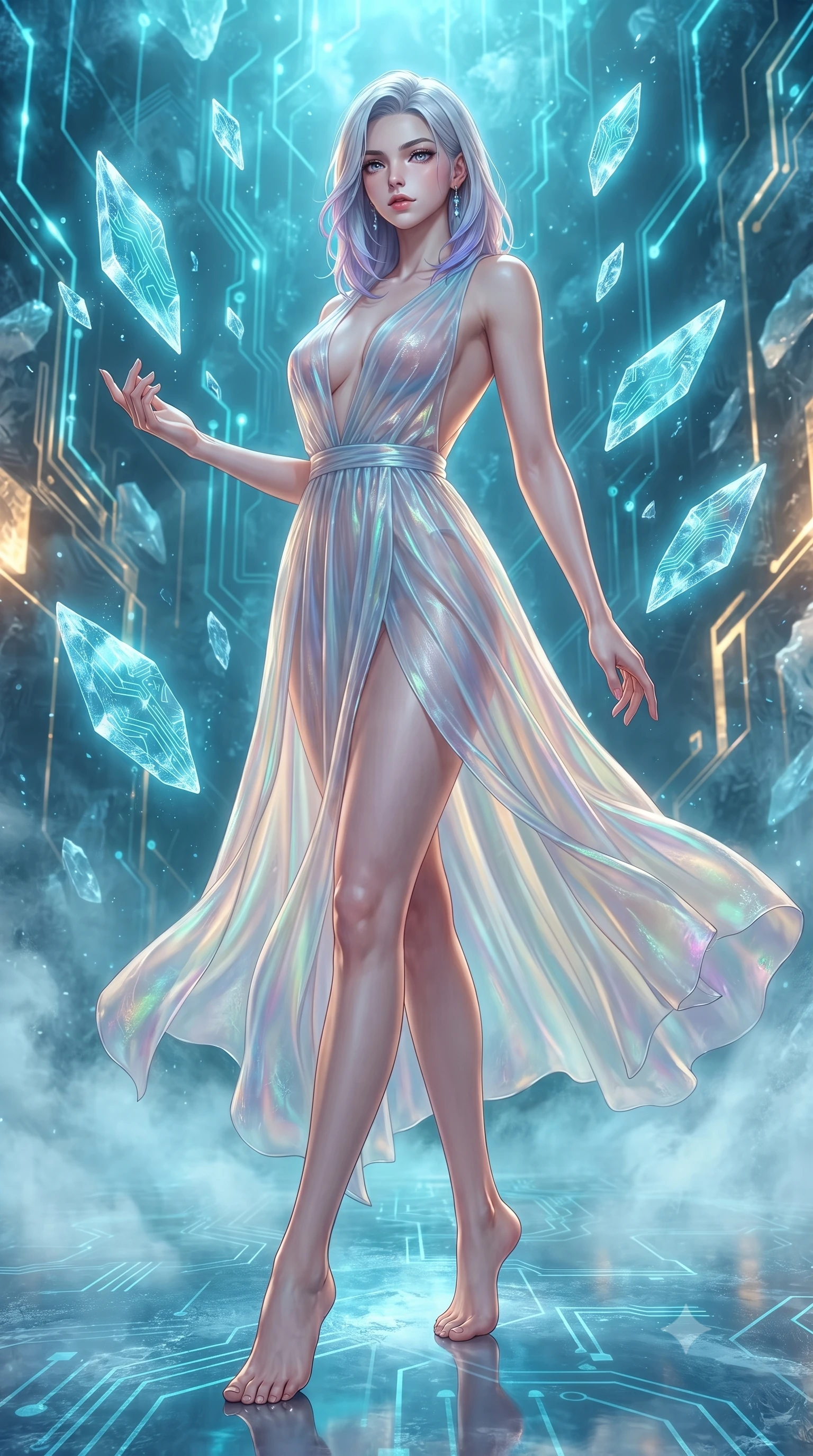 score_9, masterpiece, best quality, ultra-detailed, high-budget anime keyframe, editorial fashion photography, tasteful artistic composition, Caucasian woman. low angle full-body shot from head to toe showing her feet, filling the entire 9:16 vertical frame with her statuesque presence, stretching her vertical silhouette. interacting gracefully with the magical floating elements while maintaining a confident posture interacting with floating ice shards refracting glowing cyan neon circuitry, sub-zero mist drifting across the reflective ice floor. She has an absolutely perfect, statuesque 8.5-heads proportion, an exceptionally tall and slender model-like female figure with impossibly long slender legs and an ultra-slim waist. sharp v-shaped jawline, high-bridge nose, intricate jewel-like eyes with depth, thick eyelashes, glossy lips with a natural sheen. wearing a translucent iridescent chiffon gown with a dramatic plunging neckline and open back, the elegant draped fit framing her graceful clavicle and slender torso. lit by a dramatic clash of icy cyan neon and warm golden internal core light. highly saturated vibrant anime colors, detailed shading with soft gradients, rich glossy textures, high-contrast stereoscopic depth, volumetric dynamic lighting, master piece, 9:16 ratio