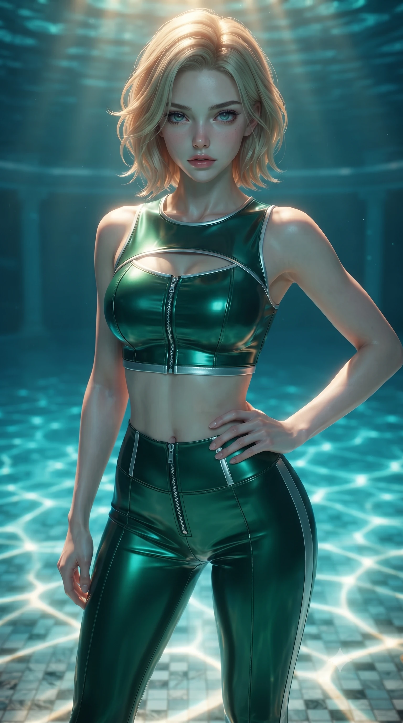 score_9, masterpiece, best quality, ultra-detailed, high-budget anime keyframe, editorial fashion photography, tasteful artistic composition, Caucasian woman. close-up cowboy shot from the waist and thighs up, the character dominates the composition, filling the frame with her large presence, background elements kept in soft focus. Holding a confident power pose with one hand on her hip, gazing directly into the camera with quiet intensity gliding over a mosaic marble floor illuminated by caustic water ripples, golden sunbeams penetrating deep turquoise water creating caustic light patterns. She has an exceptionally elegant, slender, and willowy female figure with an ultra-slim waist, a gracefully sculpted slender torso, and a refined silhouette. sharp v-shaped jawline, high-bridge nose, intricate jewel-like eyes with depth, thick eyelashes, glossy lips with a natural sheen. wearing a glossy vinyl crop top and high-waist tailored leggings with sleek zippers in deep emerald green and silver accent, crafted from smooth liquid silk, accented with a Tasteful chest slit framing her clavicle gracefully, the sleek second-skin texture accentuating her magnetic presence. illuminated by luminous aqua bioluminescence and warm golden top lighting. ultra-reflective glossy finish, specular highlights, metallic sheen, high-contrast stereoscopic depth, volumetric dynamic lighting, 2k, ultra detail, master piece, 9:16 ratio