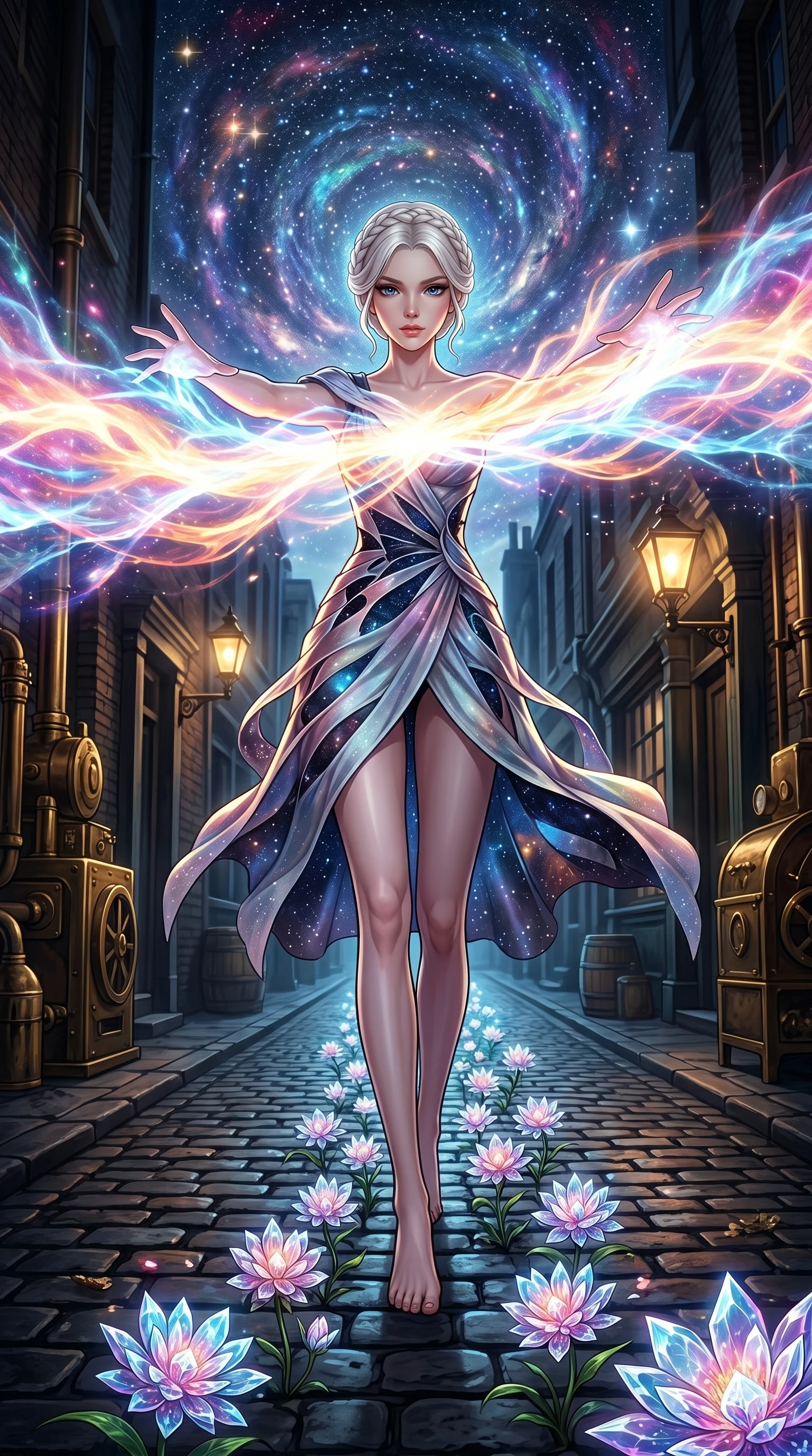 score_9, masterpiece, best quality, ultra-detailed, Set A: High-budget Anime Keyframe, Korean woman. Low angle cowboy shot filling the entire 9:16 frame with her statuesque presence. Theme: Primal Nature. unleashing a massive energy wave in a steampunk London alleyway, while she leaves a trail of 116 blooming crystal flowers. The atmosphere is filled with a swirling vortex of stars. She has an absolutely perfect 8-heads proportion, an exceptionally tall and slender female figure with impossibly long slender legs and an ultra-slim waist. Sharp v-shaped jawline, high-bridge nose, intricate jewel-like eyes with depth, glossy lips. Wearing Shattered-dimension dress where parts of the fabric seem to phase in and out. Cinematic lighting, vivid colors, dramatic shadows, 2k, ultra detail, master piece, 9:16 ratio