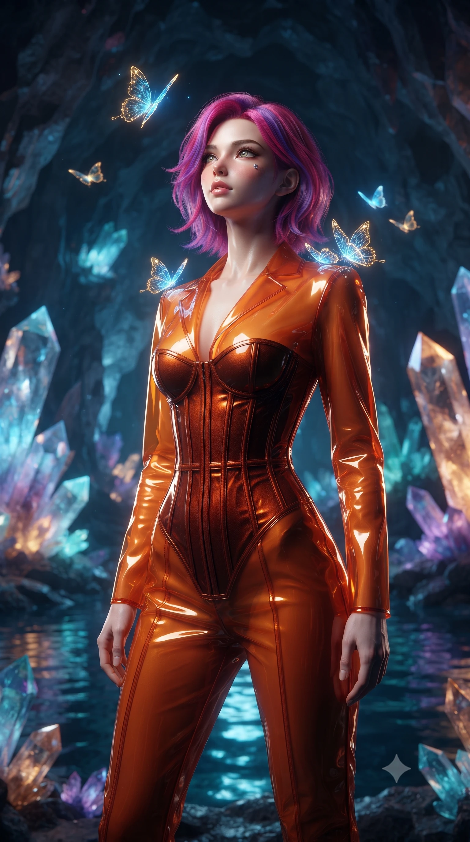 score_9, masterpiece, best quality, ultra-detailed, High-budget Anime Keyframe, editorial fashion photography, tasteful artistic composition, realistic cosplay photography, Caucasian woman, strictly human ears. Low angle cowboy shot filling the entire 9:16 frame with her statuesque presence. Scenario 549: watching digital butterflies land on her shoulders in an underground cave lined with glowing quartz crystals and deep pools. Her presence is magnetic and overpowering in this high-budget cinematic scene. Outfit 549: a tailored sunset orange translucent PVC jumpsuit layered over a structured corset bodice. The clothing is designed to emphasize her exceptionally tall and slender 8-heads proportion. 8-heads proportion, towering silhouette, ultra-slim waist. sharp v-shaped jawline, intricate jewel-like eyes with depth, thick eyelashes, glossy lips. ultra-reflective glossy finish, specular highlights, metallic sheen, high-contrast stereoscopic depth, volumetric dynamic lighting, 2k, ultra detail, master piece, 9:16 ratio